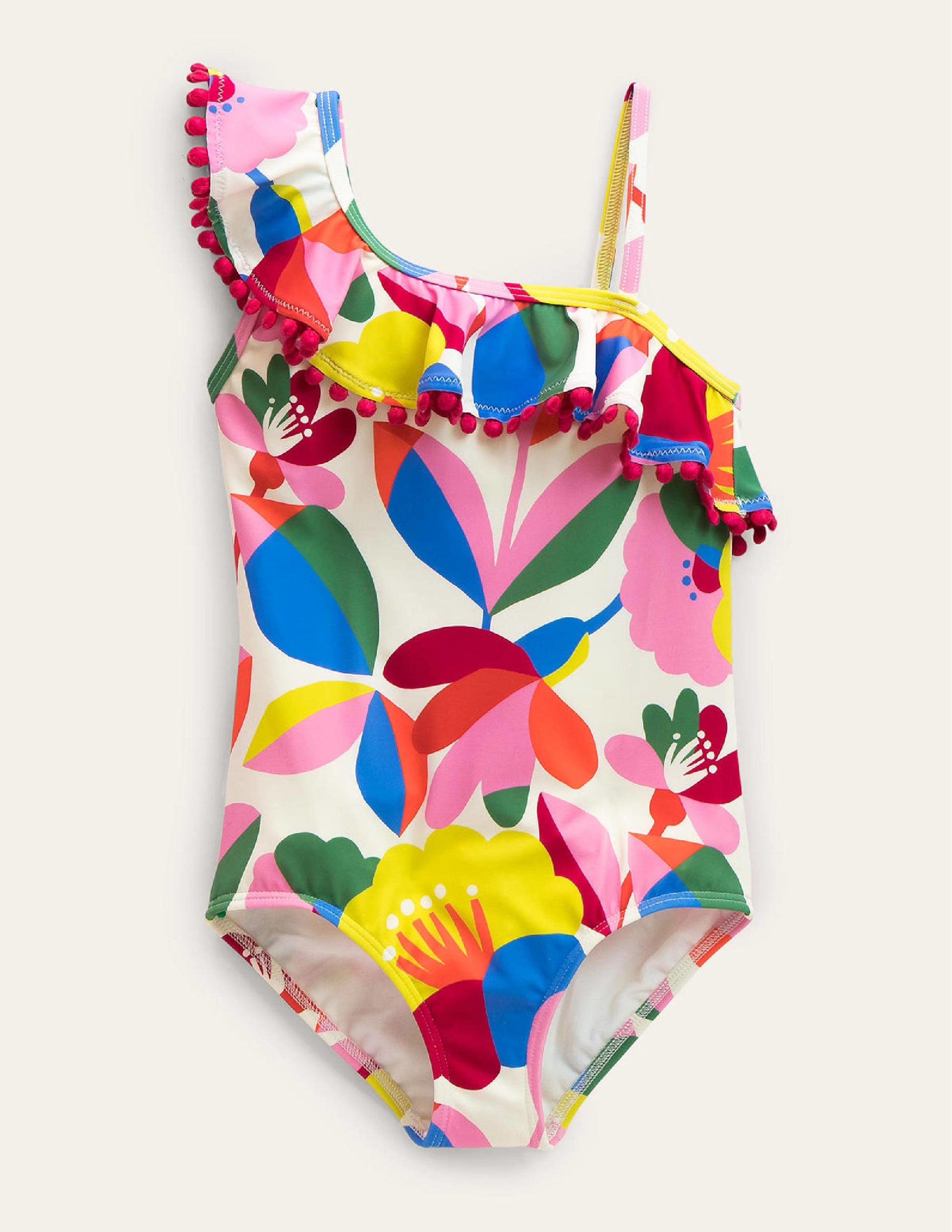 Frilly One Shoulder Swimsuit-Ivory and Multi Floral-1