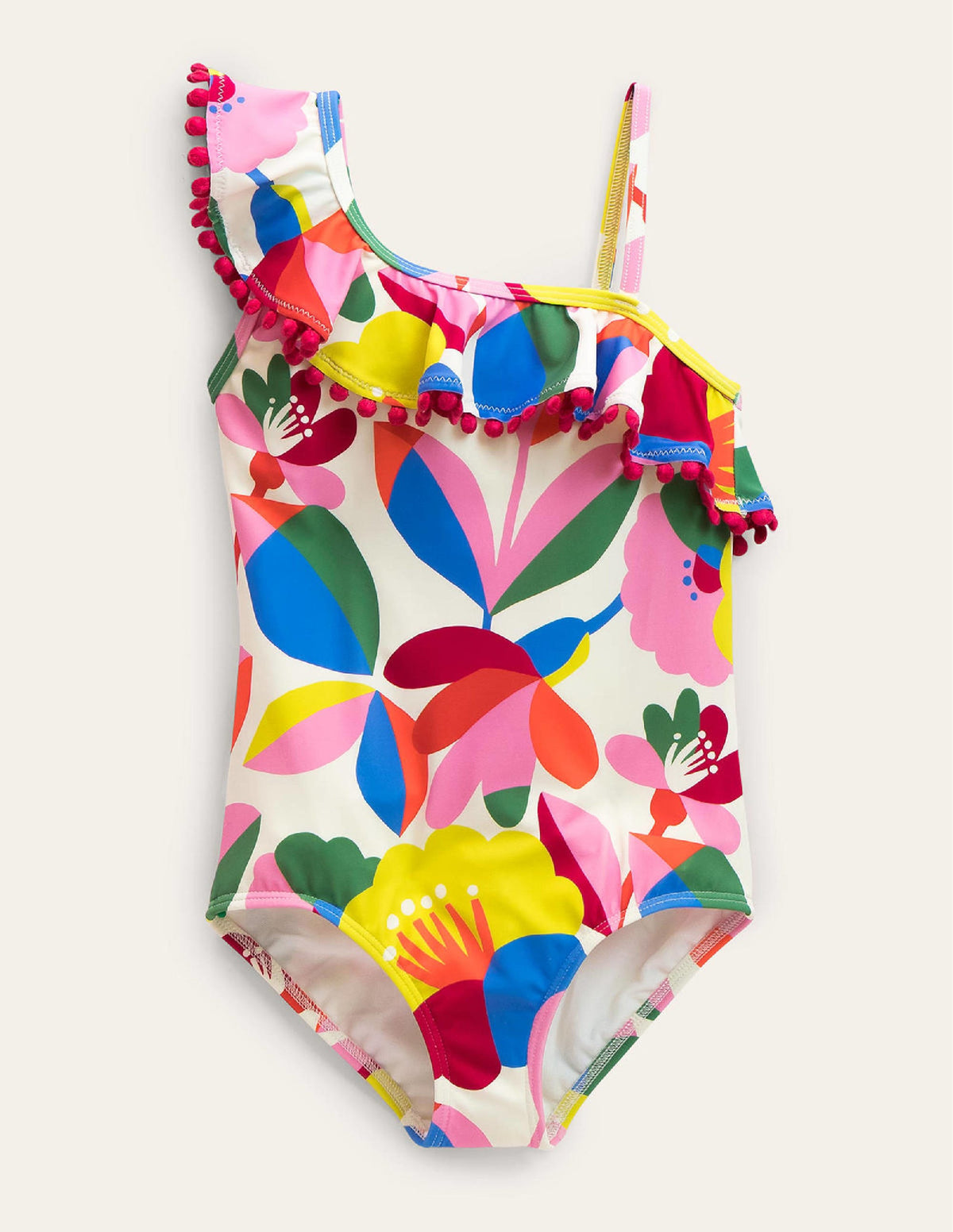 Frilly One Shoulder Swimsuit-Ivory and Multi Floral - Image 1