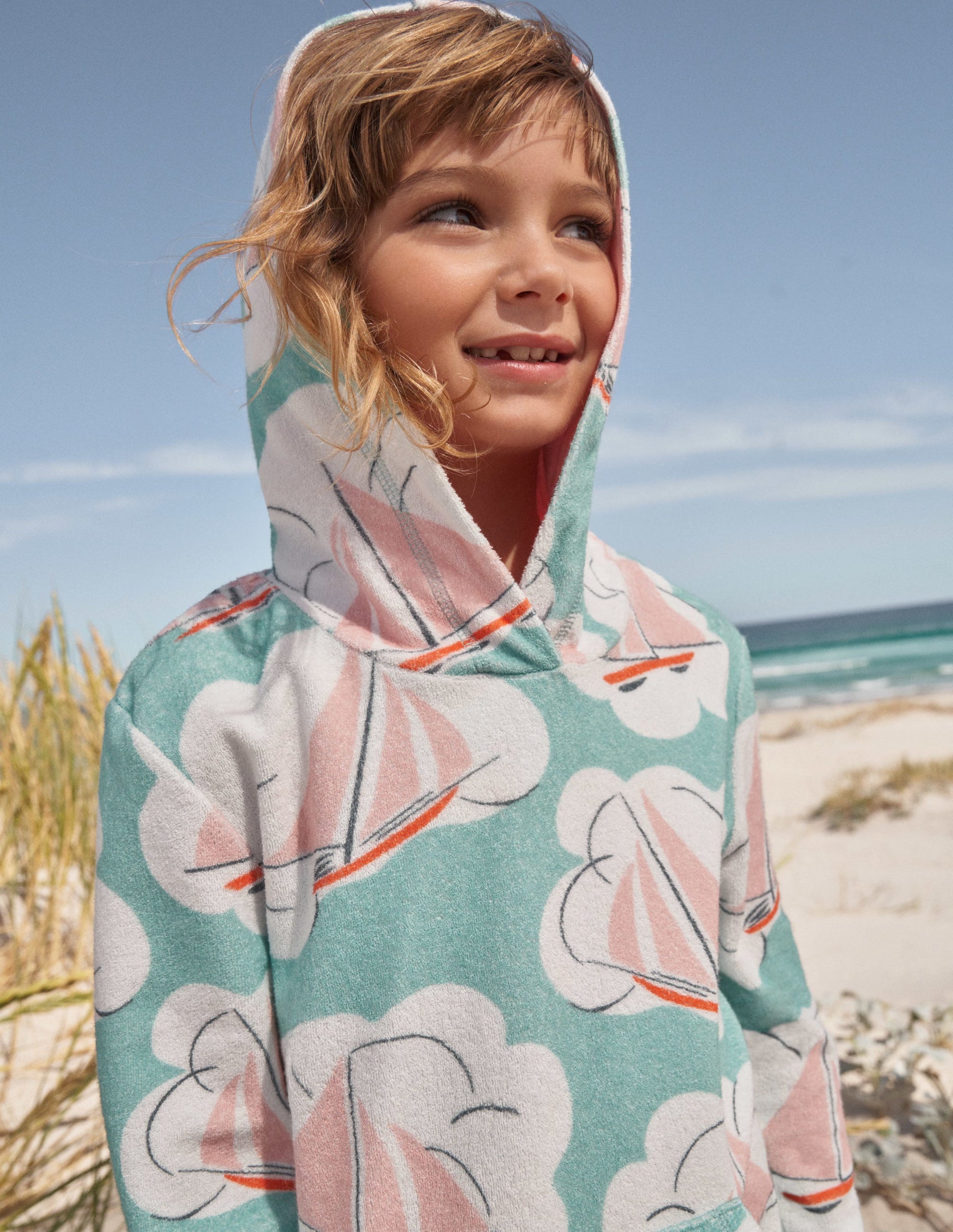 Pattern Towelling Beach Dress-Aqua Sea Blue Boats-4
