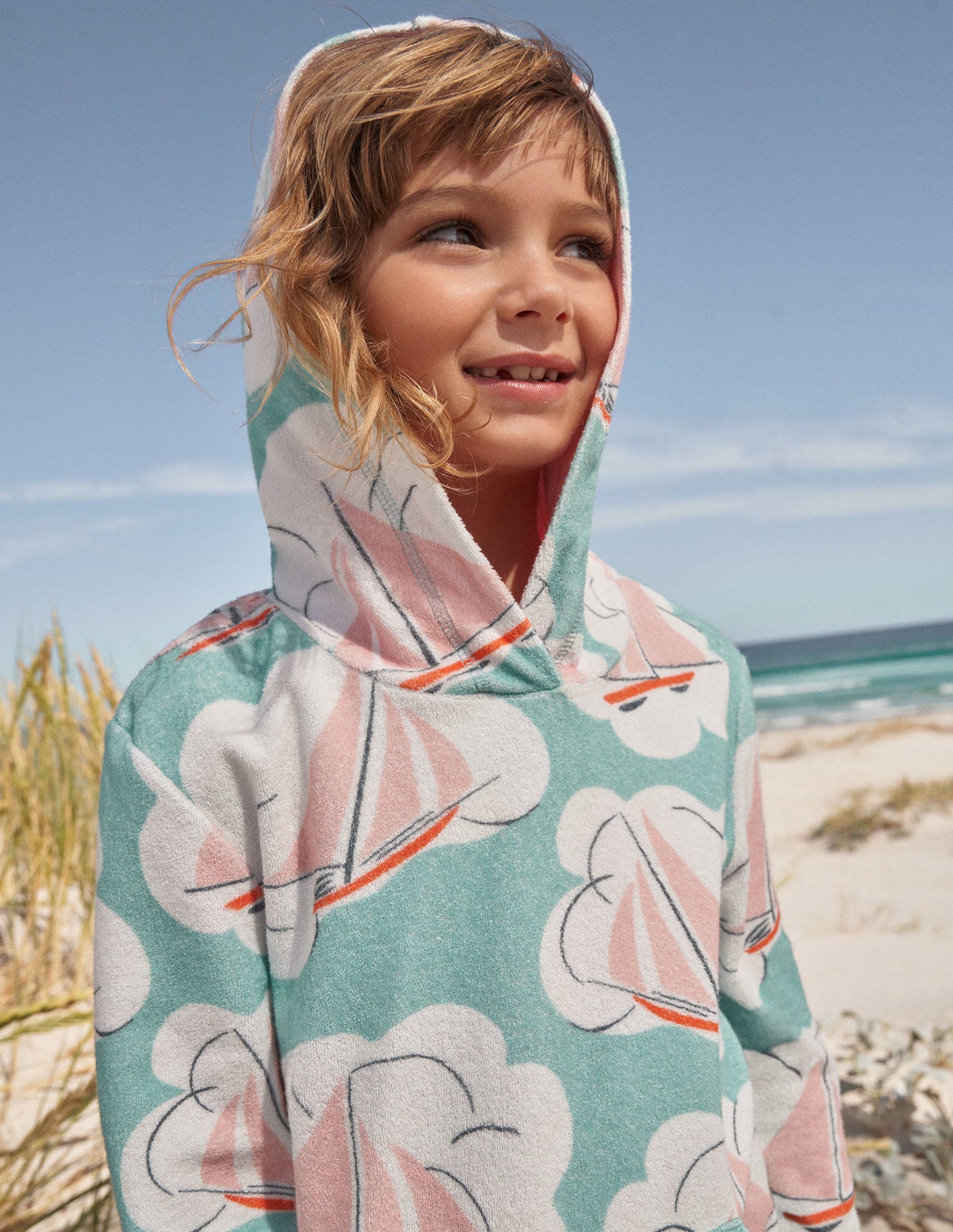 Pattern Towelling Beach Dress-Aqua Sea Blue Boats-6