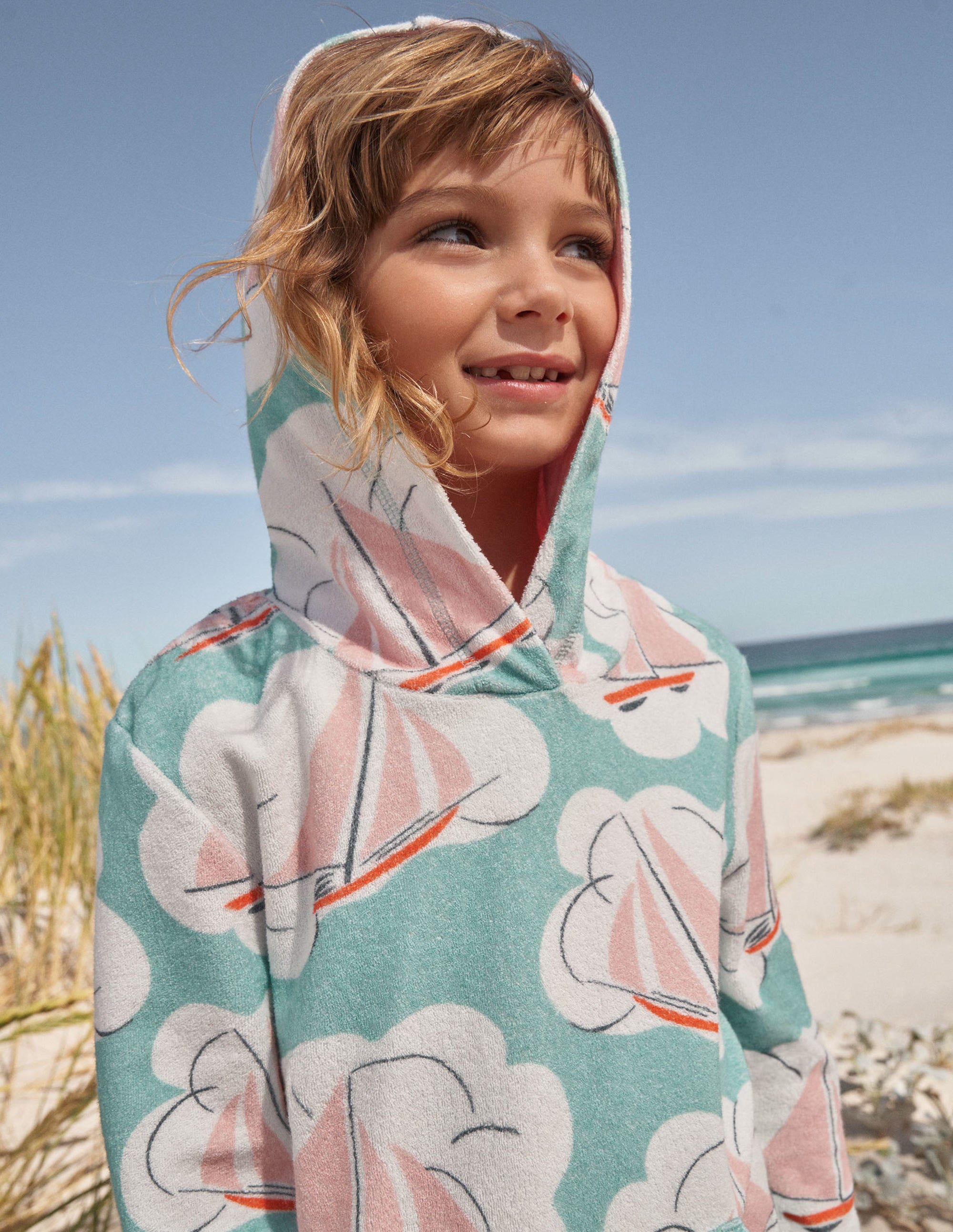 Pattern Towelling Beach Dress-Aqua Sea Blue Boats - Image 6