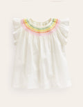 Woven Smocked Top-Ivory Rainbow Smocking