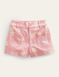Patch Pocket Shorts-Pink Daisy Stamp