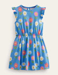 Frill Sleeve Jersey Dress-Penzance Blue Flowers