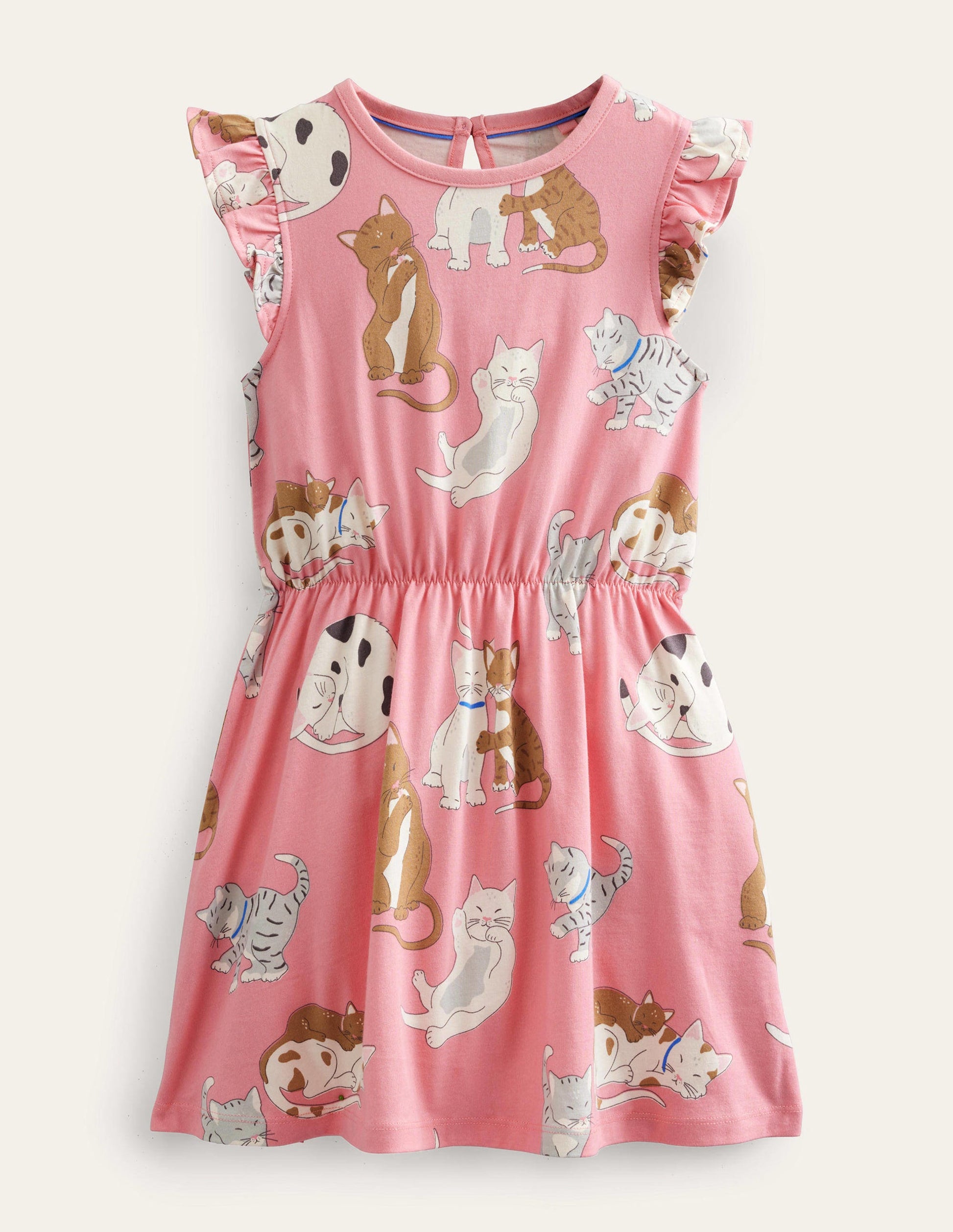 Frill Sleeve Jersey Dress-Crab Apple Pink Cats-1