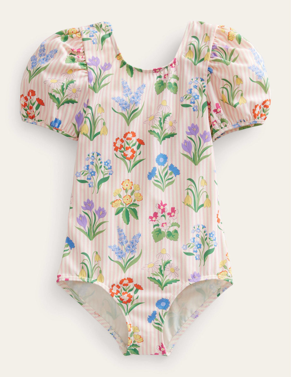 Printed Puff-sleeved Swimsuit-Pink Ticking Stripe Flowers - Image 1