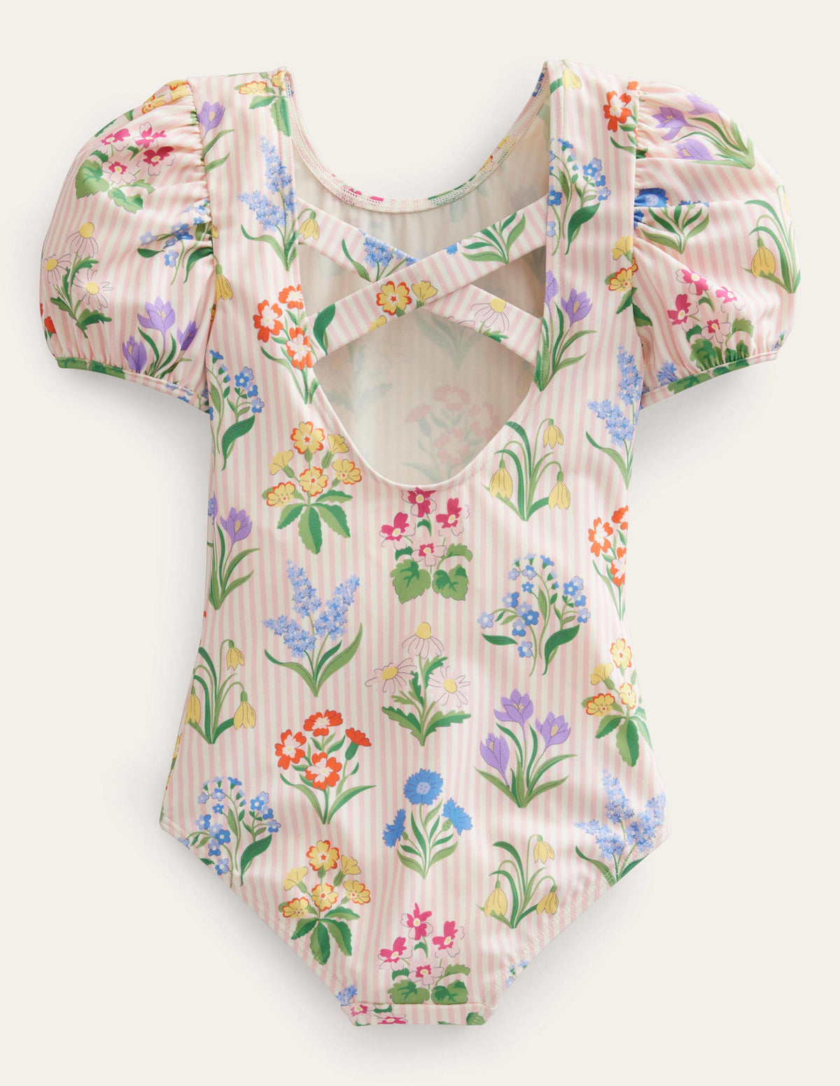 Printed Puff-sleeved Swimsuit-Pink Ticking Stripe Flowers - Image 2