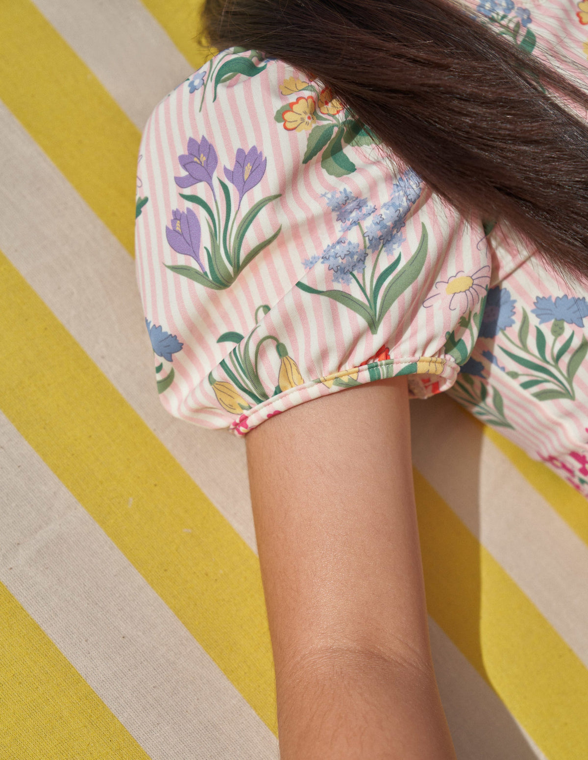 Printed Puff-sleeved Swimsuit-Pink Ticking Stripe Flowers - Image 6