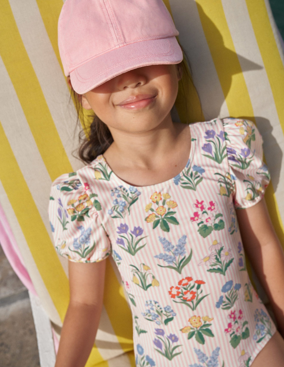Printed Puff-sleeved Swimsuit-Pink Ticking Stripe Flowers - Image 8