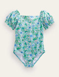 Puff Sleeve Swimsuit-Aqua Sea Floral Vine