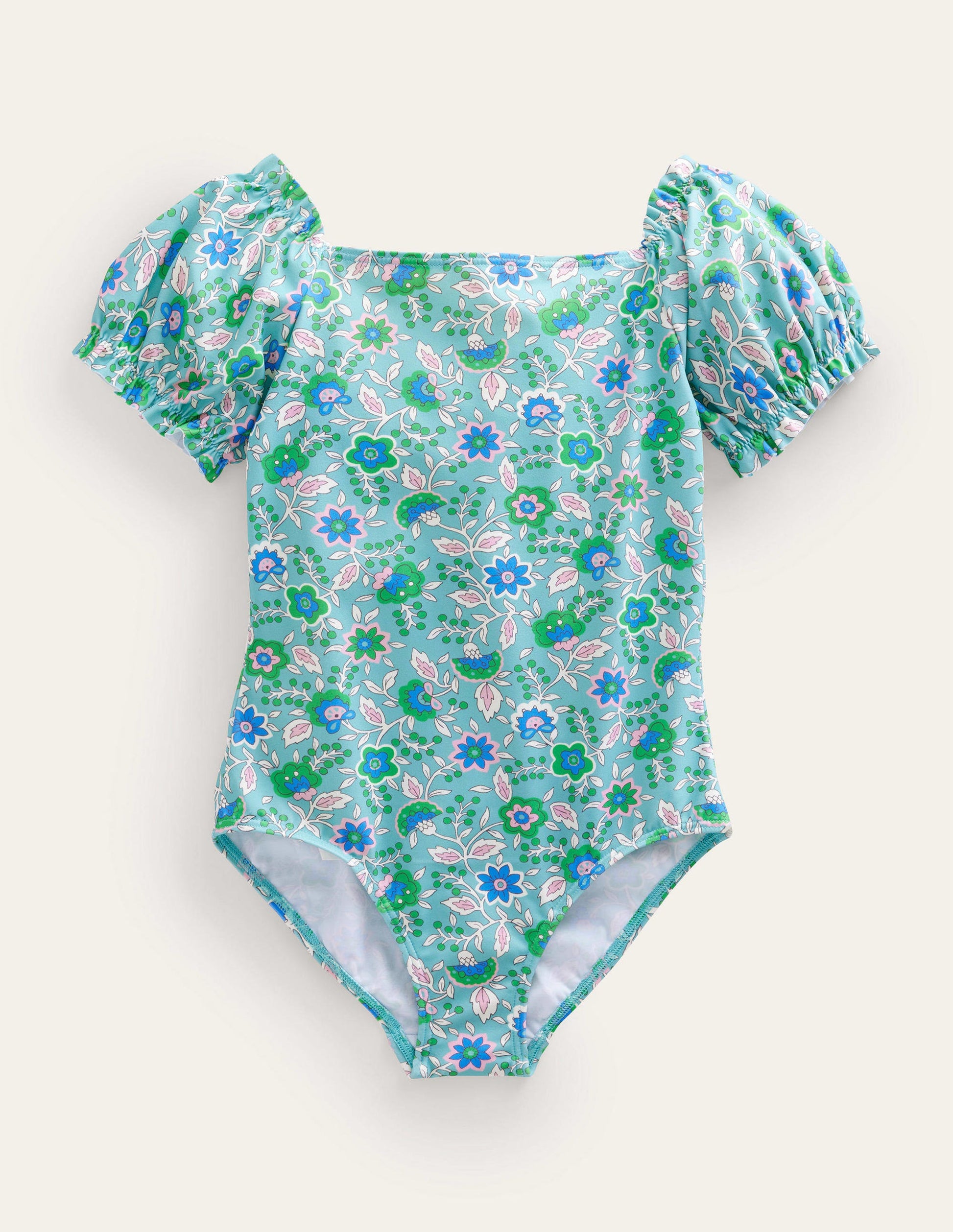 Puff Sleeve Swimsuit-Aqua Sea Floral Vine-1