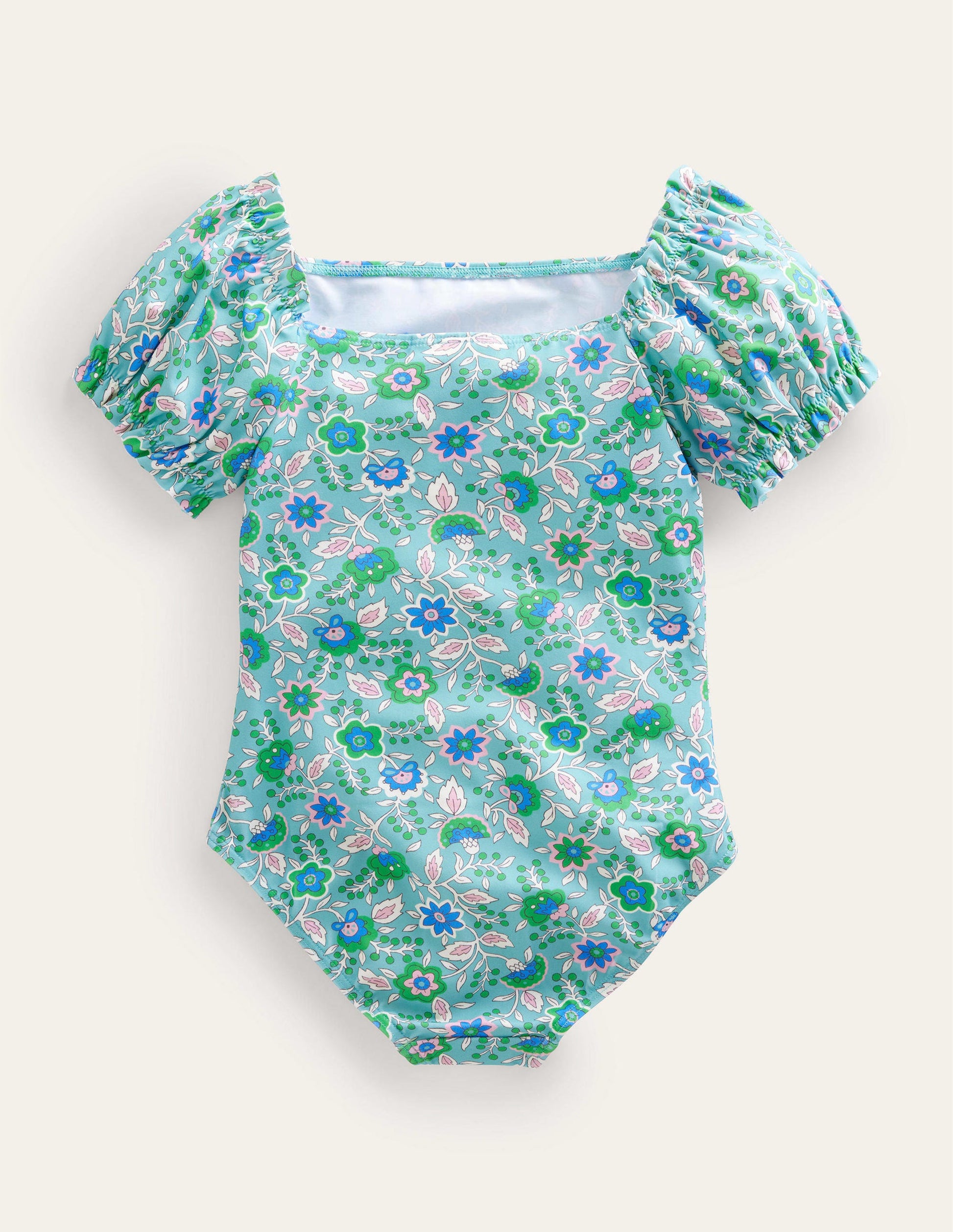 Puff Sleeve Swimsuit-Aqua Sea Floral Vine-2