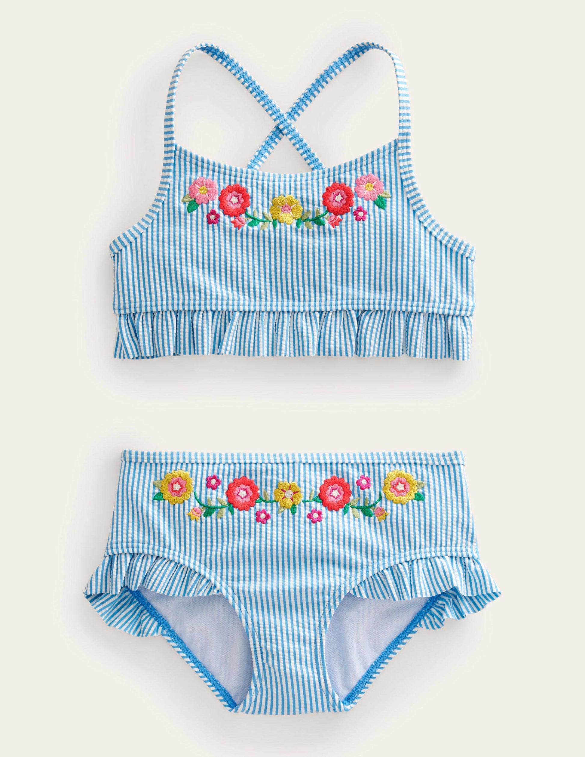 Embroidered Frilly Bikini-Ivory, Surfboard Blue Stripe-1