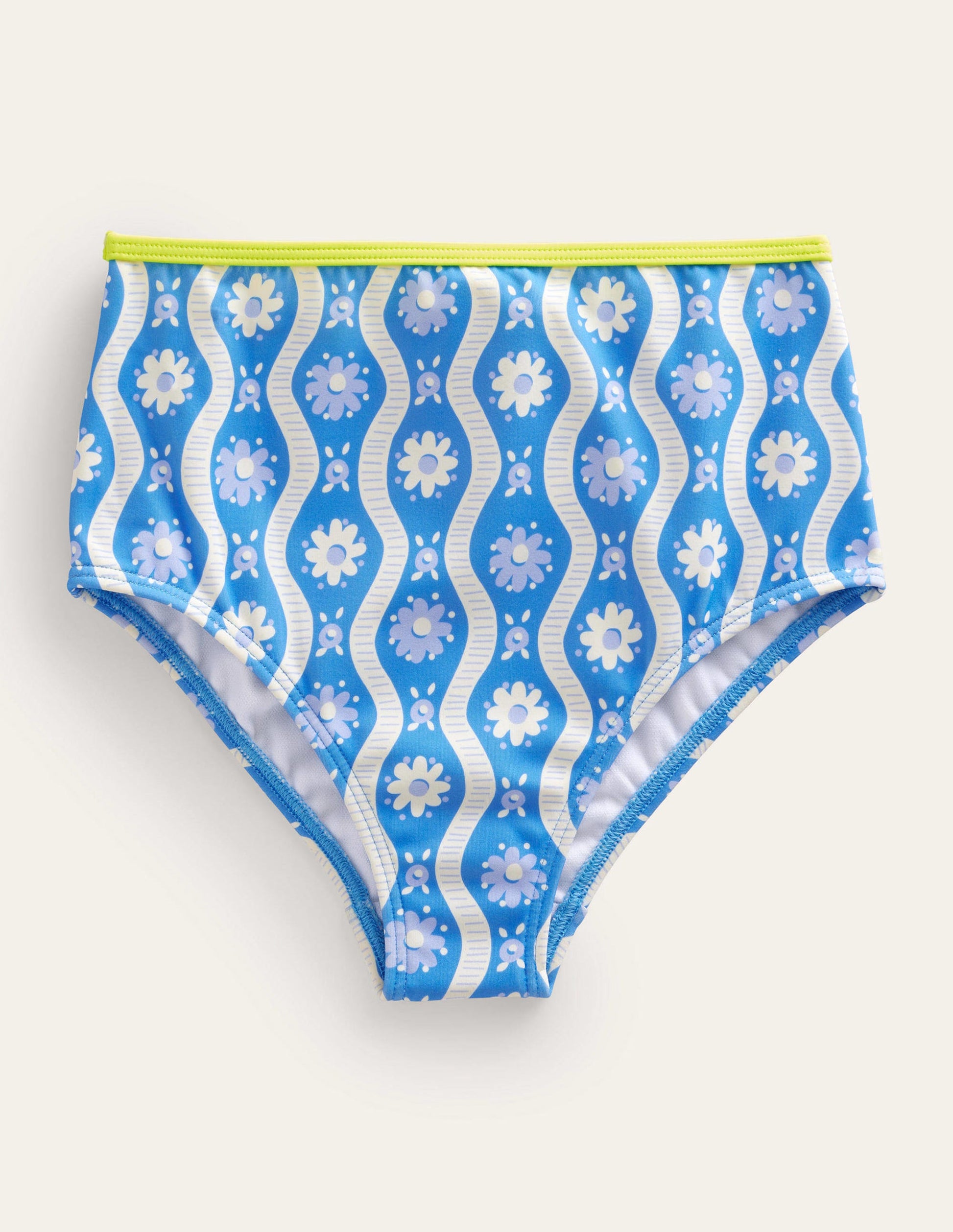 High Waisted Bikini Bottoms-Penzance Blue Daisy Wave-1