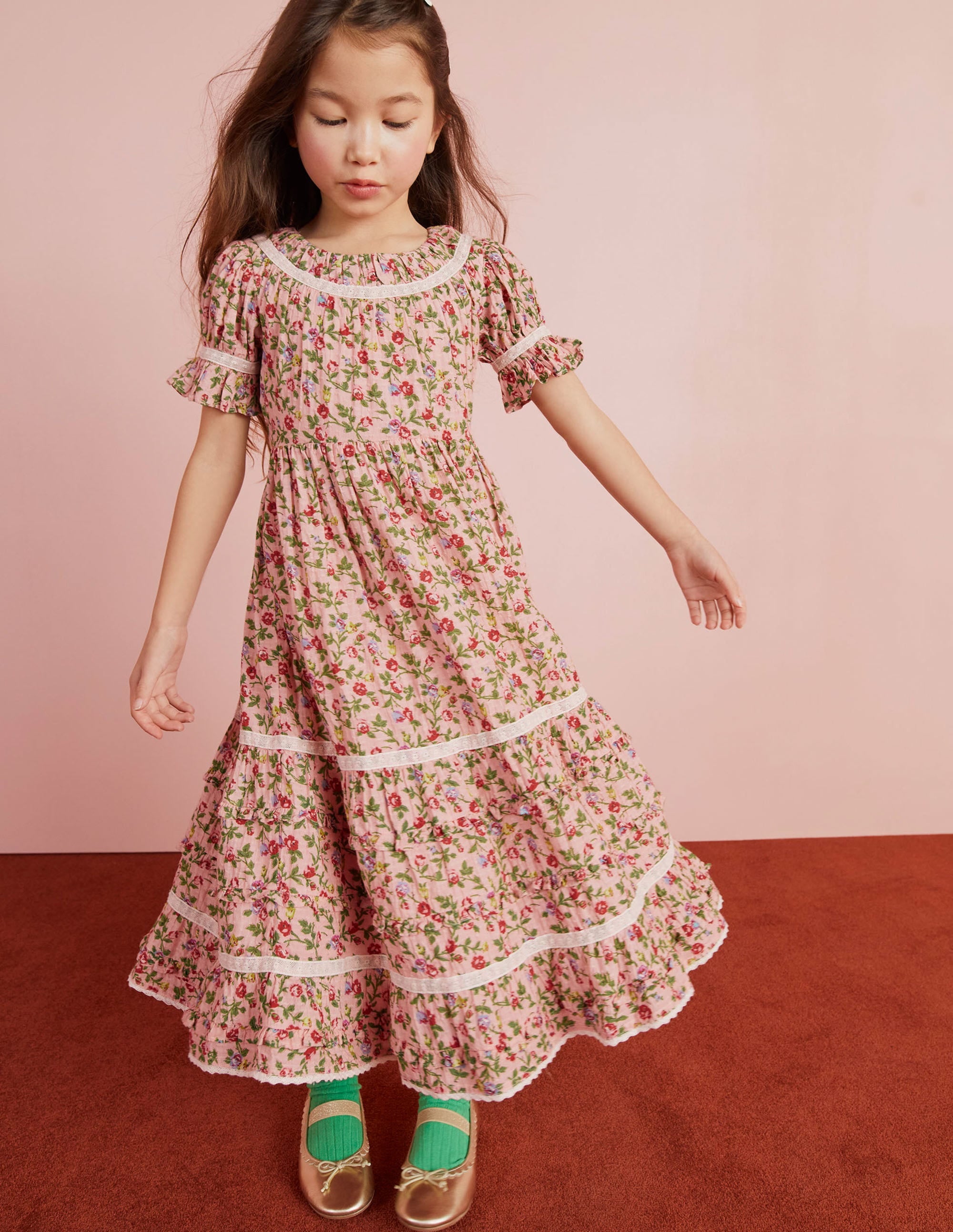 Printed Lace Trim Party Dress-Rambling Rose Pink - Image 4