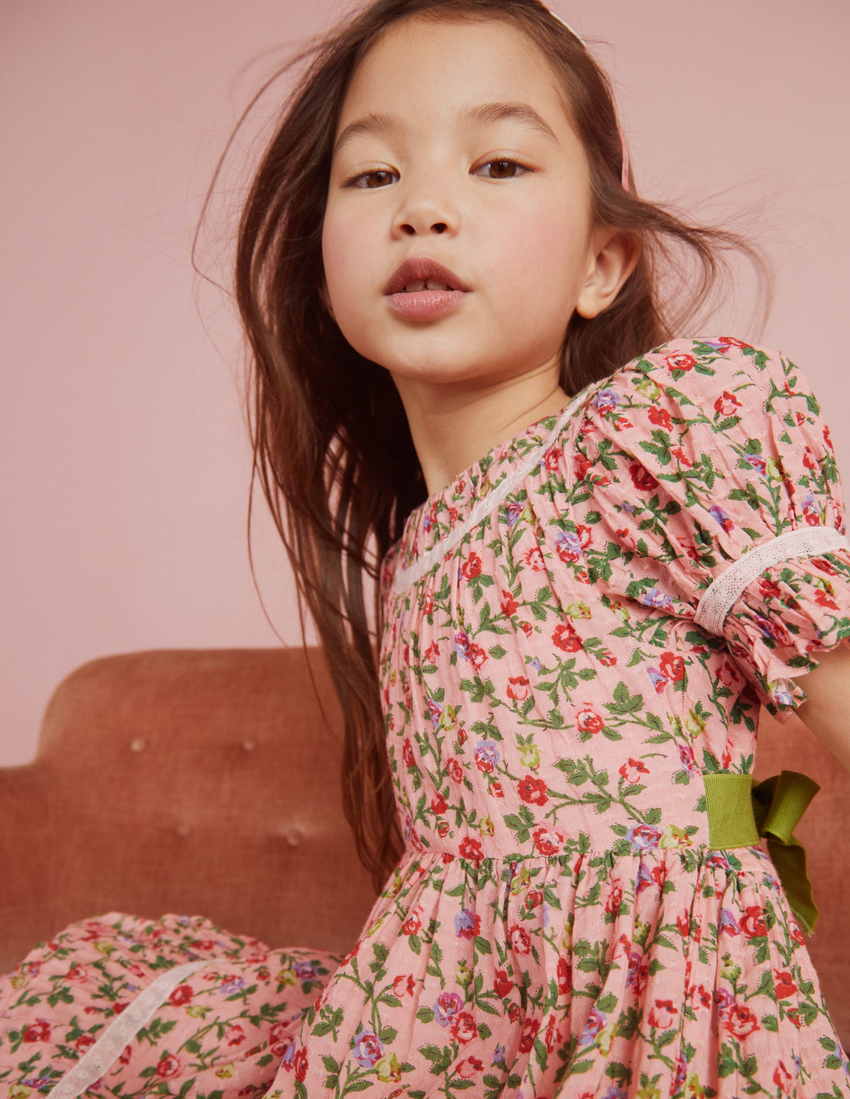 Printed Lace Trim Party Dress-Rambling Rose Pink-7