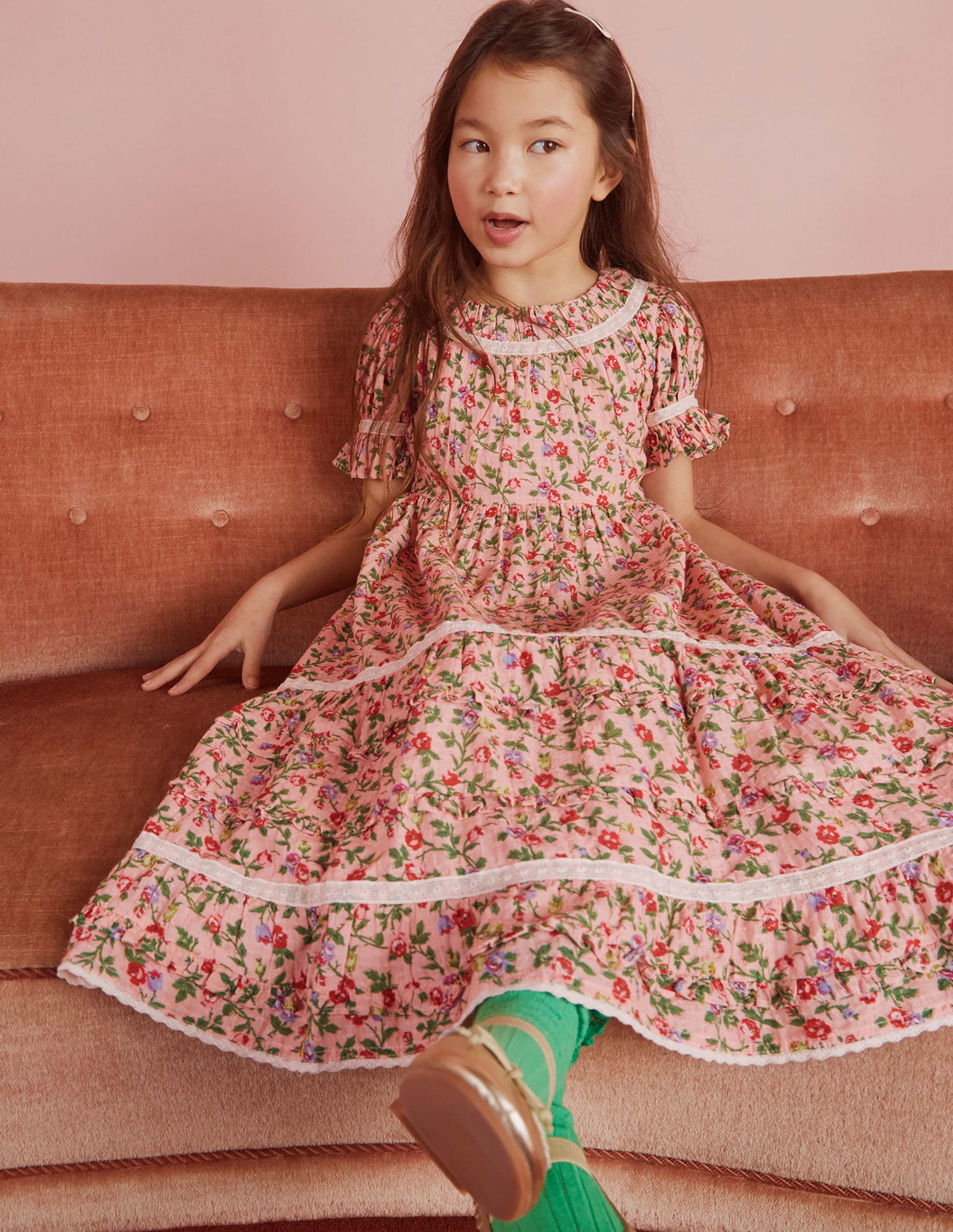 Printed Lace Trim Party Dress-Rambling Rose Pink - Image 9