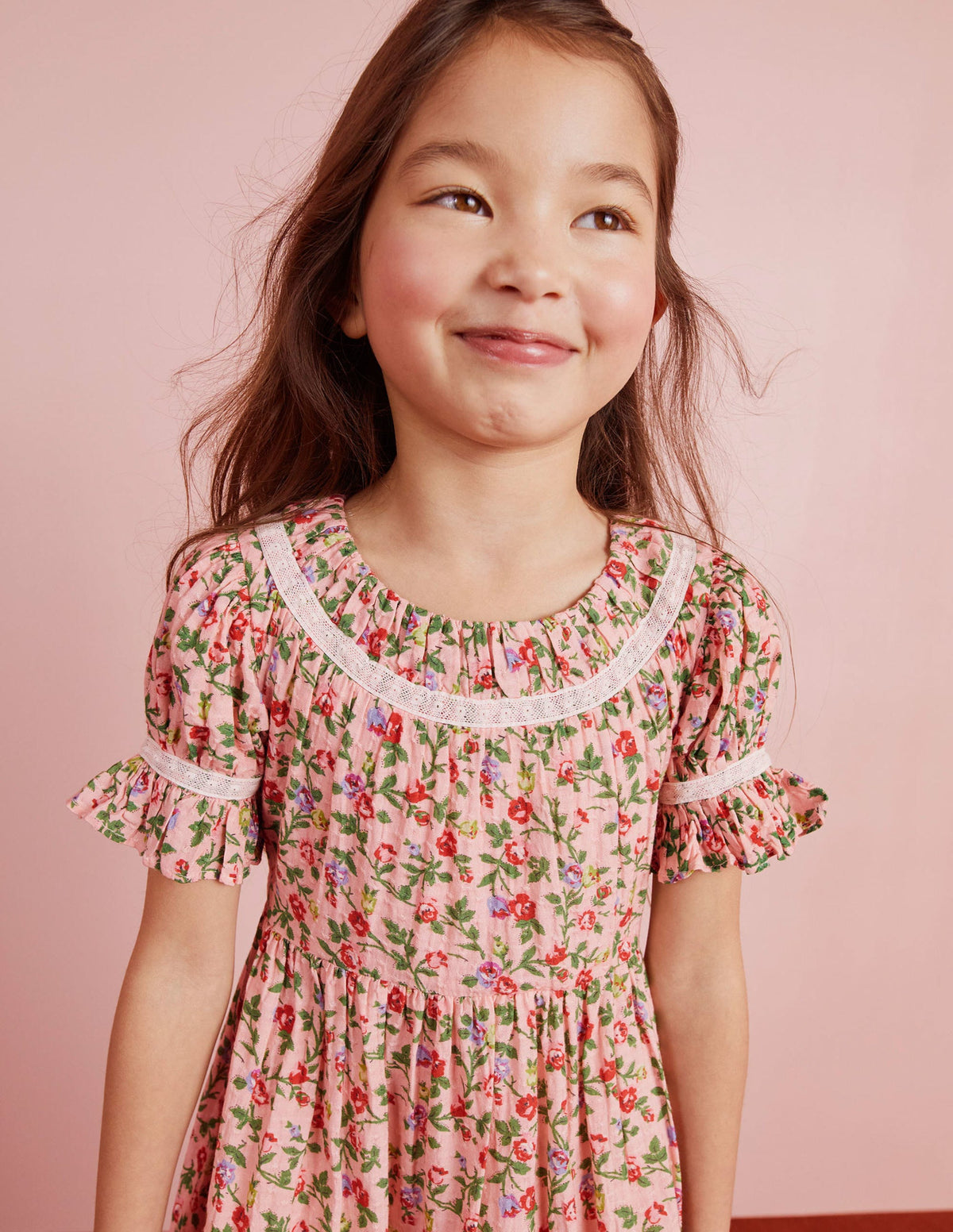 Printed Lace Trim Party Dress-Rambling Rose Pink-12