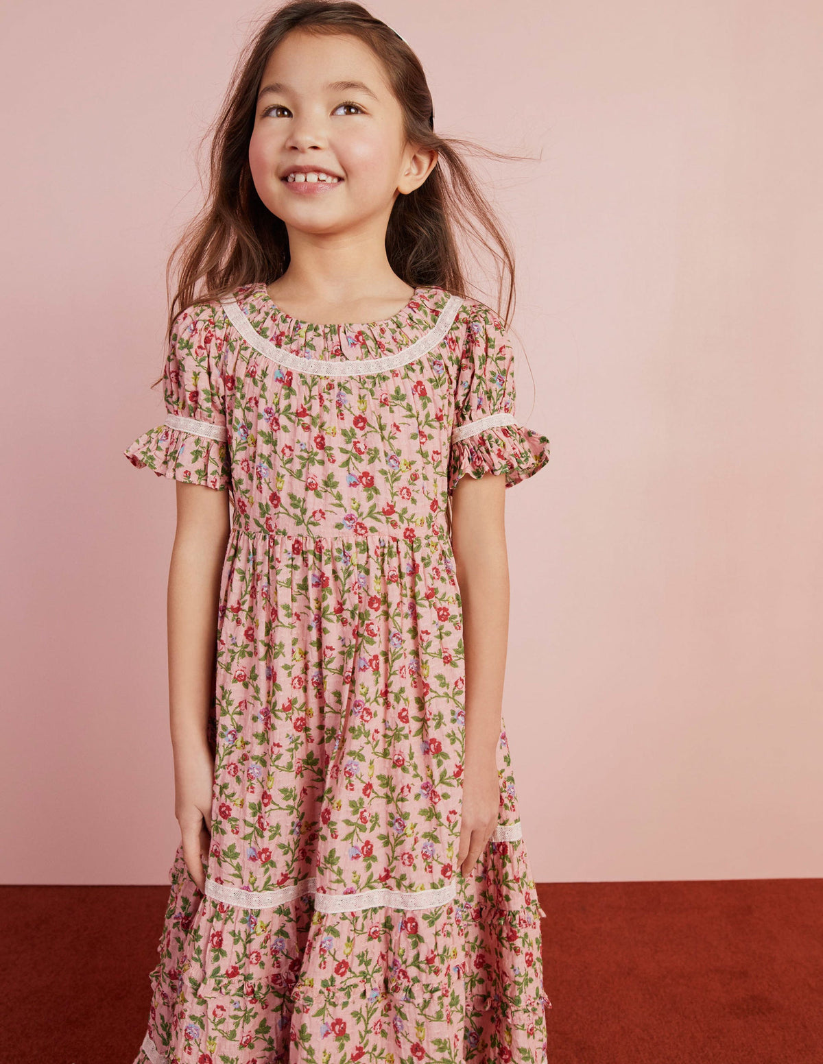 Printed Lace Trim Party Dress-Rambling Rose Pink-14