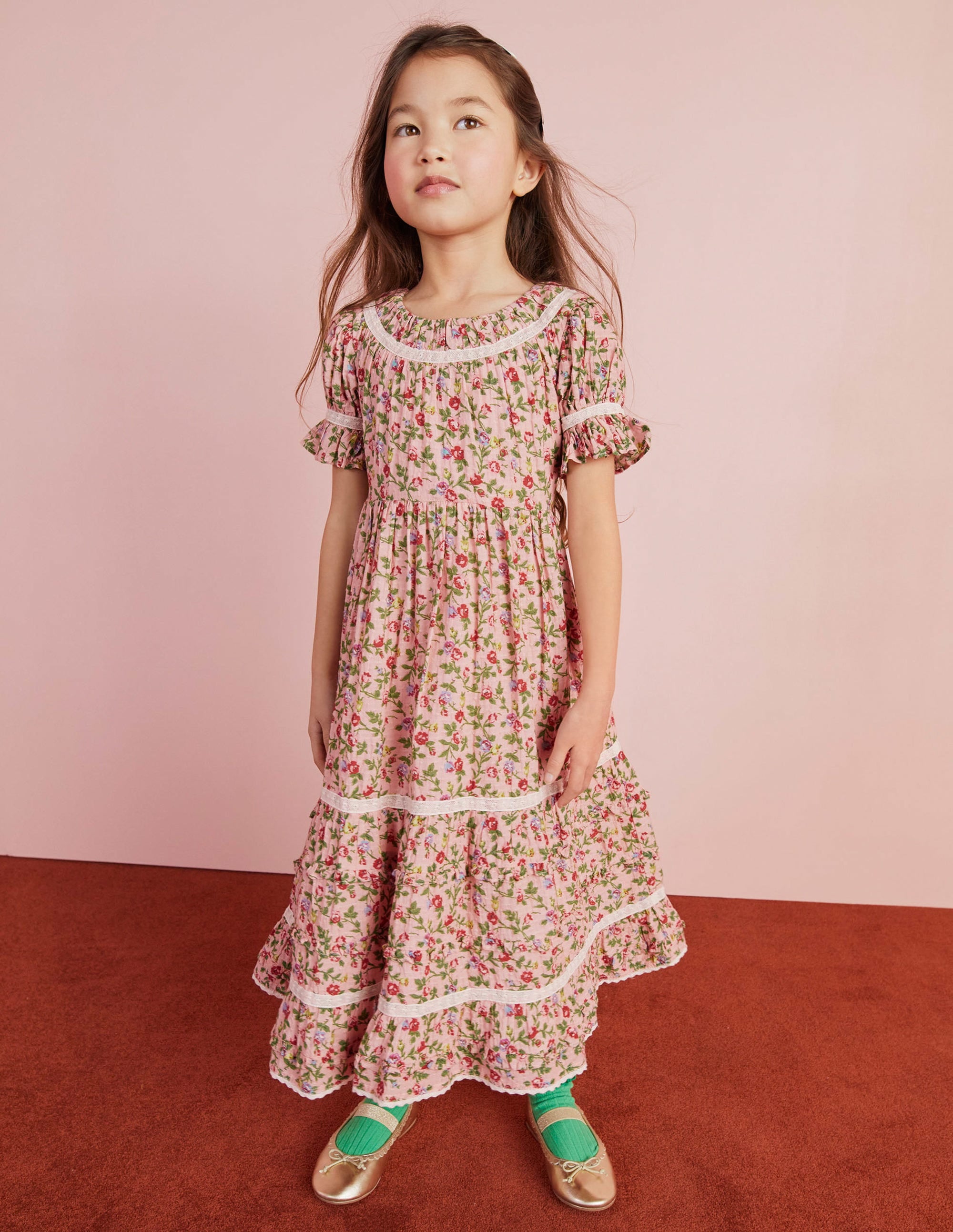 Printed Lace Trim Party Dress-Rambling Rose Pink - Image 15