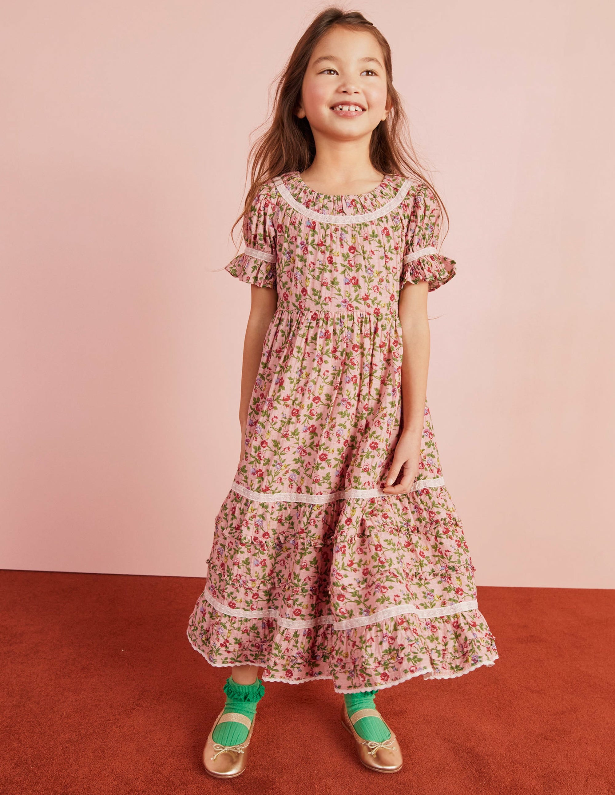 Printed Lace Trim Party Dress-Rambling Rose Pink - Image 16
