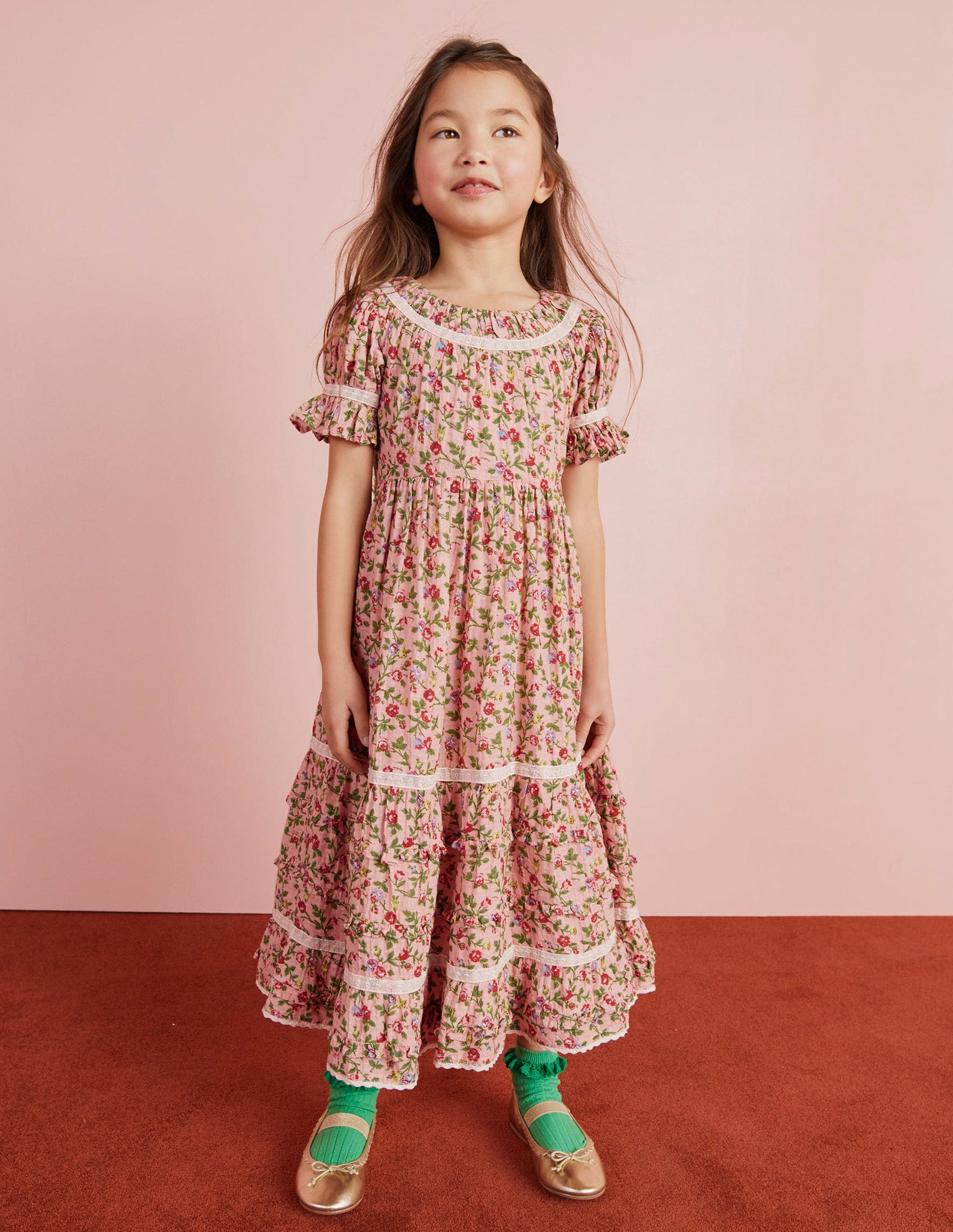 Printed Lace Trim Party Dress-Rambling Rose Pink-17