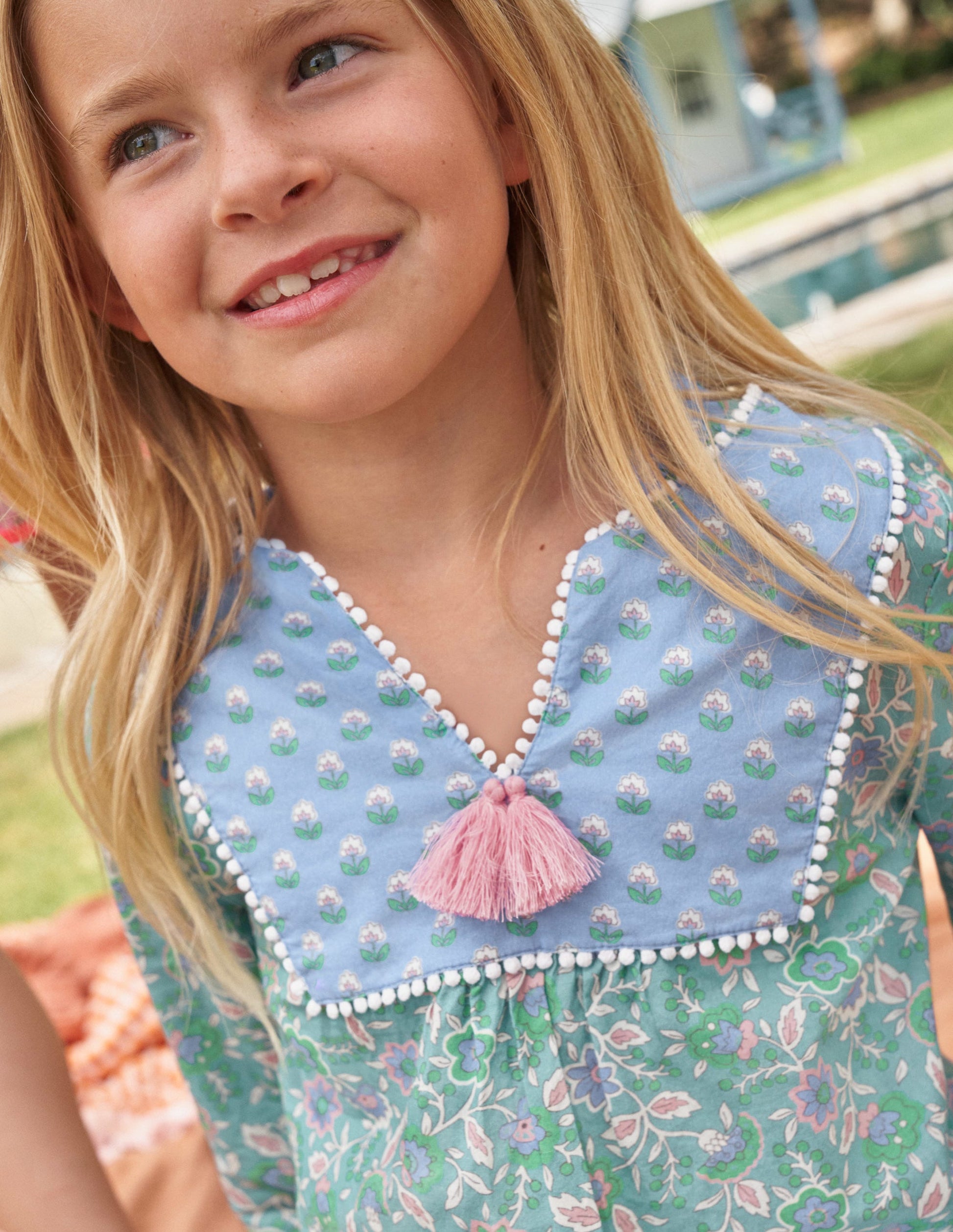 Long-sleeve Printed Kaftan-Aqua Sea Floral Vine-5
