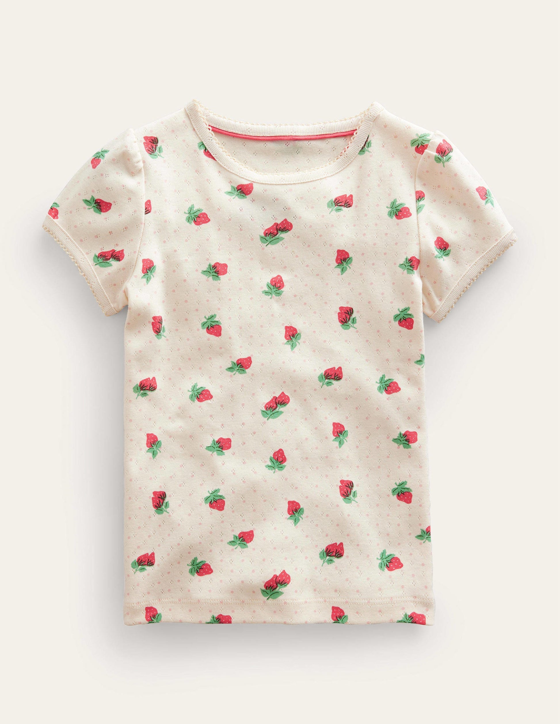 Short-Sleeved Pointelle Top-Ivory Strawberries-1