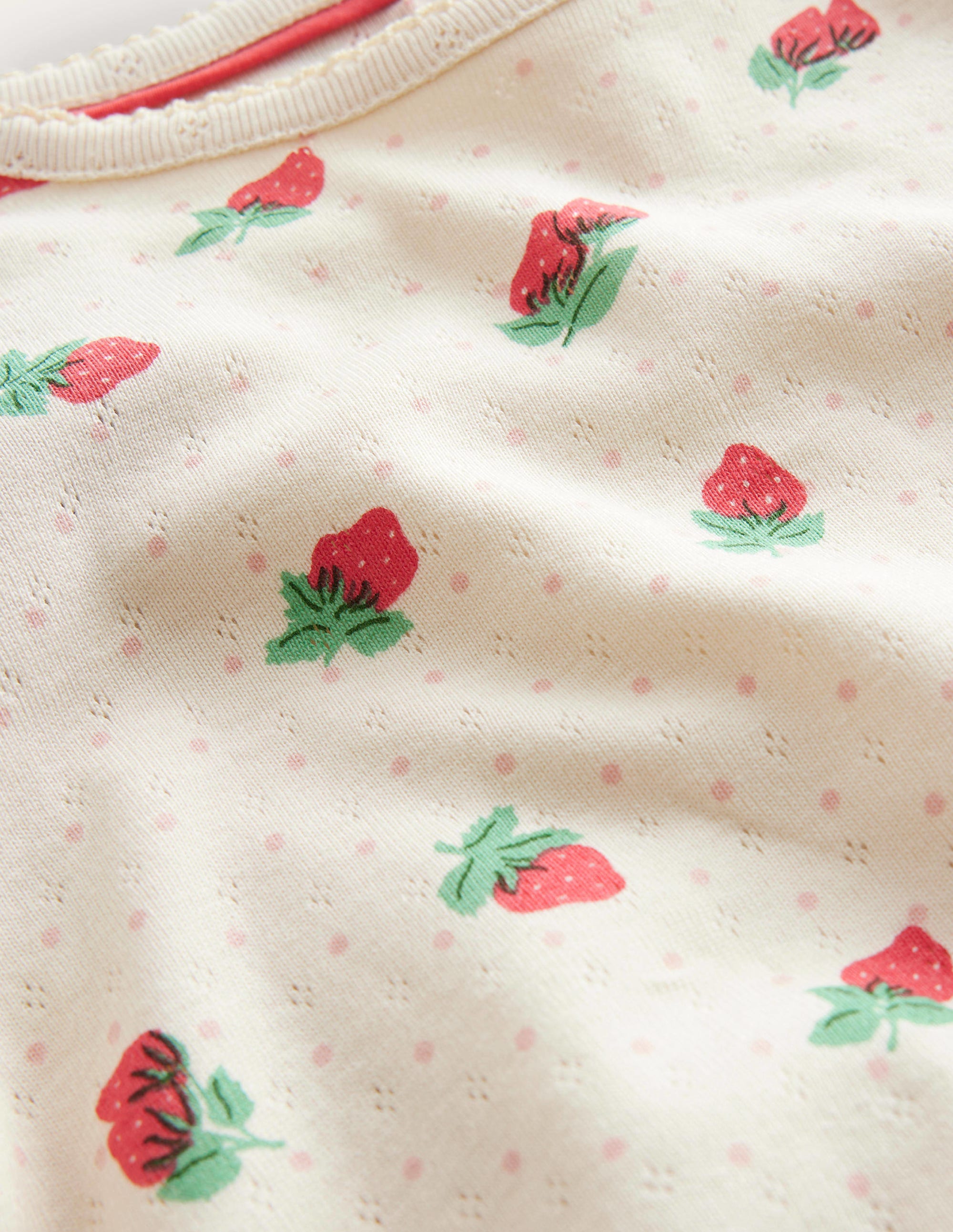 Short-Sleeved Pointelle Top-Ivory Strawberries - Image 3