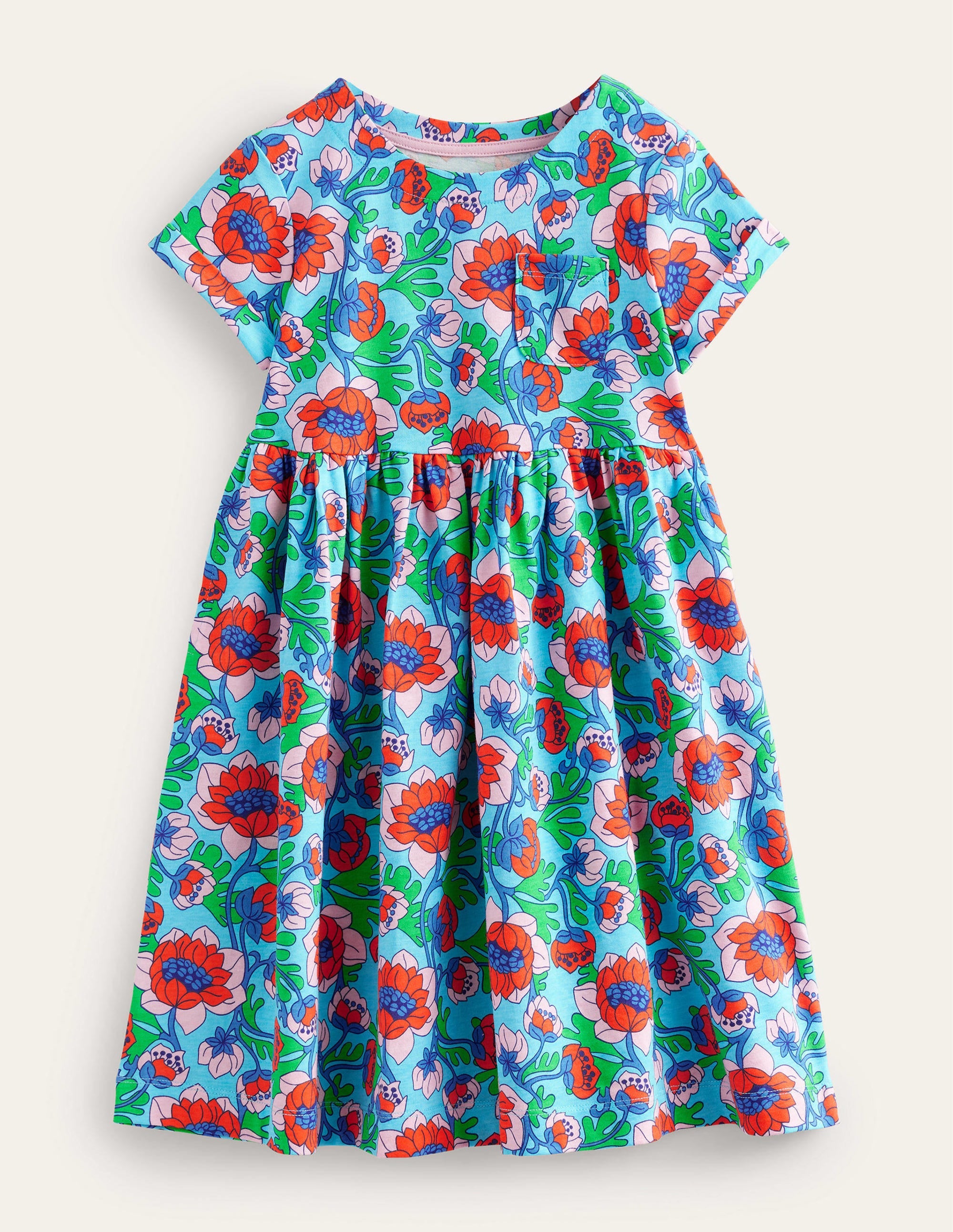 Short Sleeve Fun Jersey Dress-Aqua Blue Poppies - Image 1