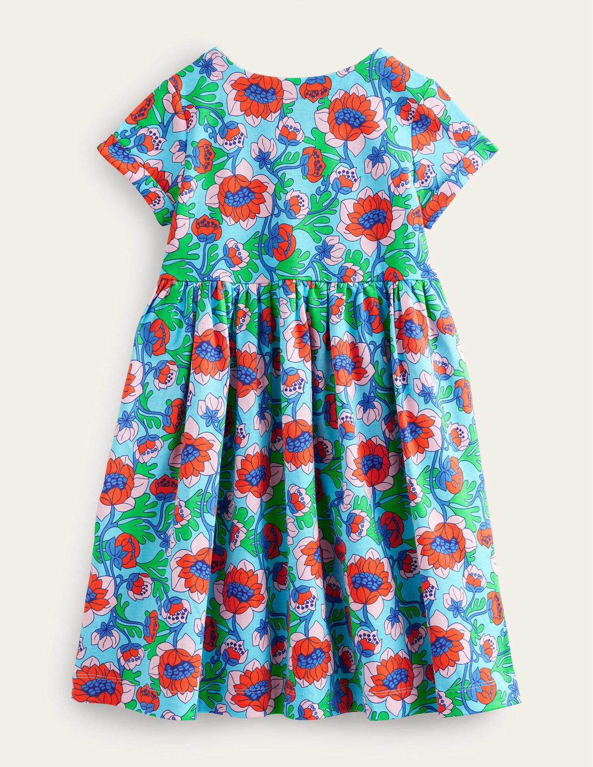 Short Sleeve Fun Jersey Dress-Aqua Blue Poppies-2
