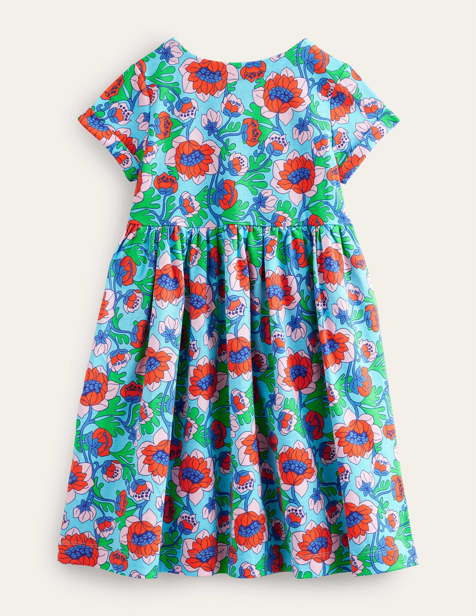 Short Sleeve Fun Jersey Dress-Aqua Blue Poppies - Image 2