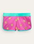 Patterned Swim Shorts-Tickled Pink Gold Foil Suns