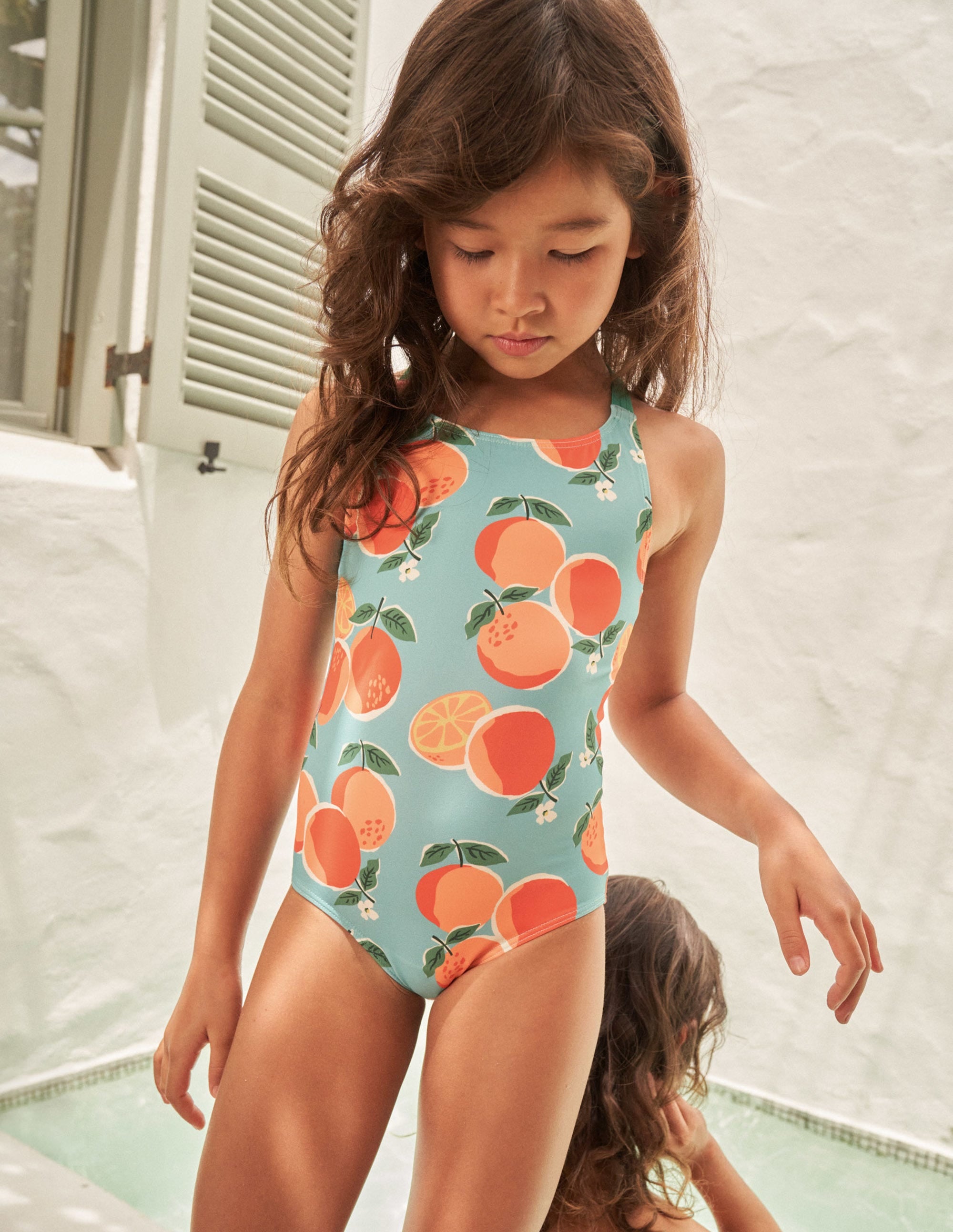 Cross-back Printed Swimsuit-Aqua Blue Oranges - Image 4