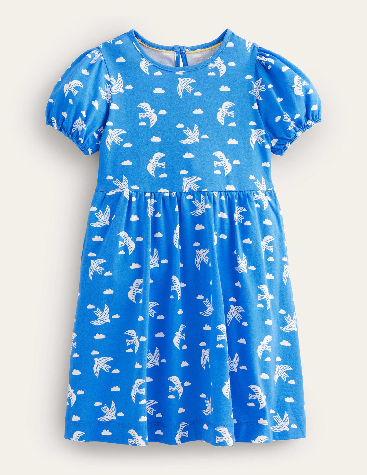 Puff Sleeve Jersey Dress-Cabana Blue Birds - Image 1
