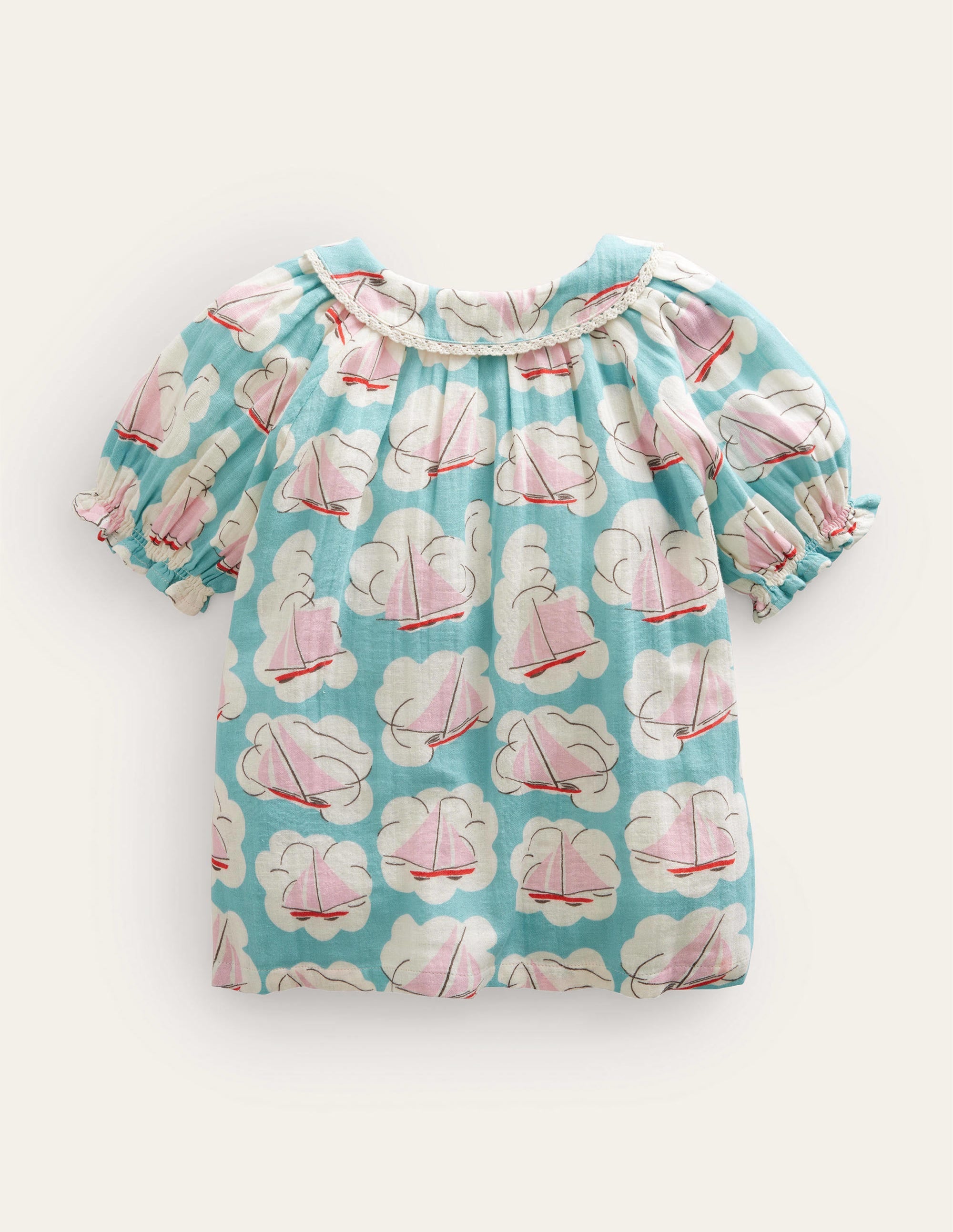 Short Puff Sleeve Top-Aqua Boat Print - Image 2