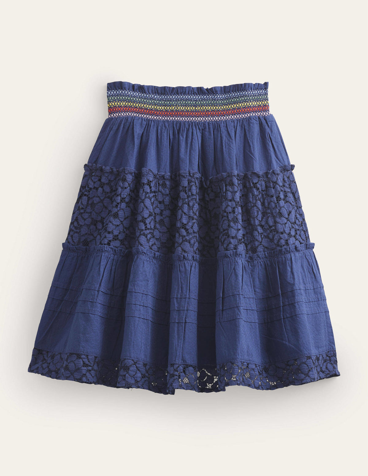 Smocked Tiered Midi Skirt-College Navy-2
