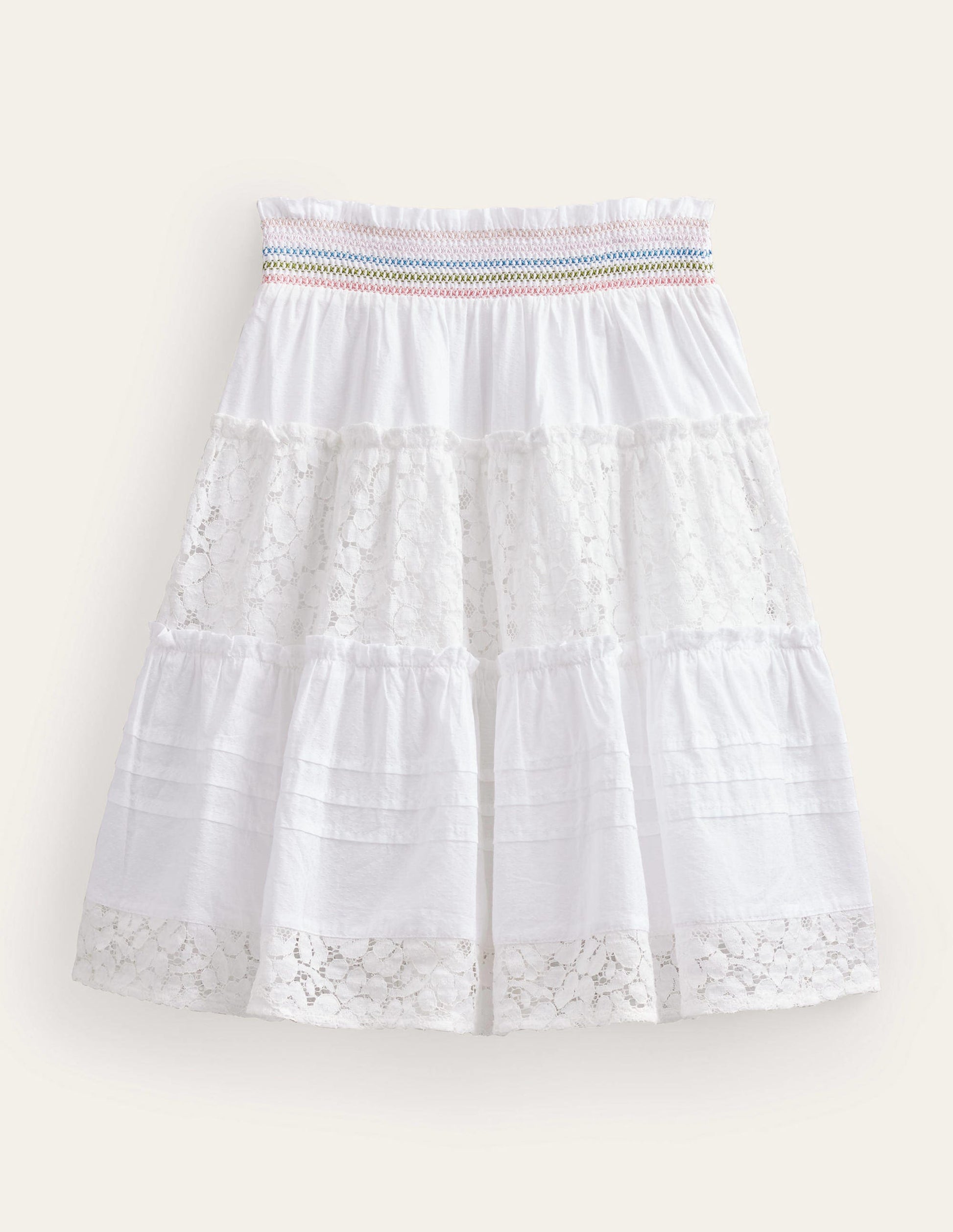 Smocked Tiered Midi Skirt-White-2