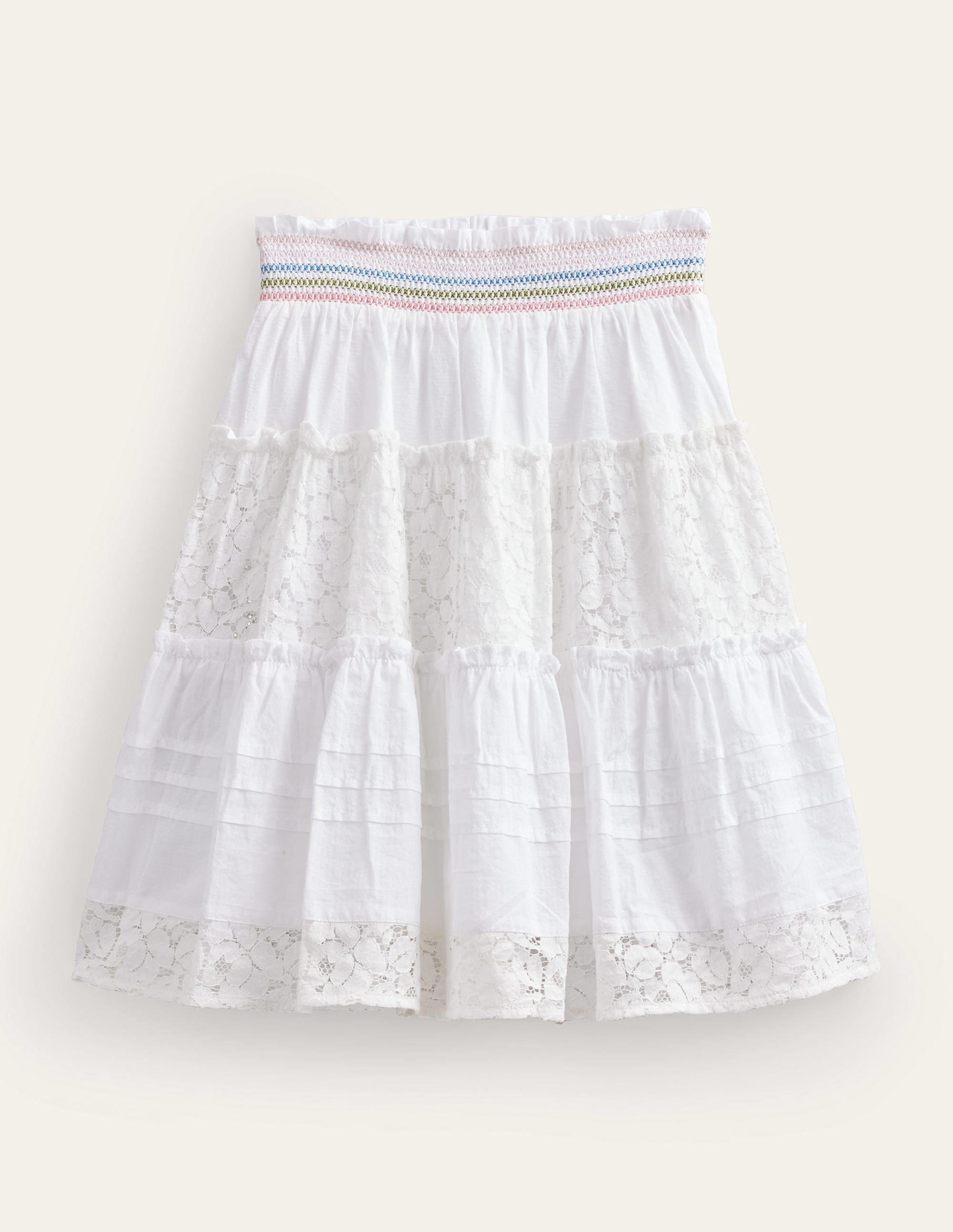 Smocked Tiered Midi Skirt-White - Image 1
