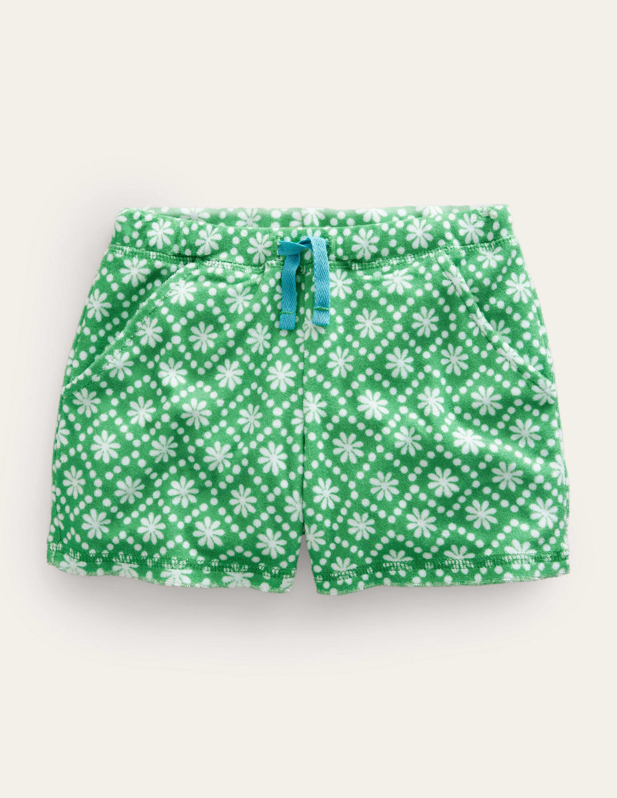 Printed Towelling Shorts-School Green Daisies - Image 1