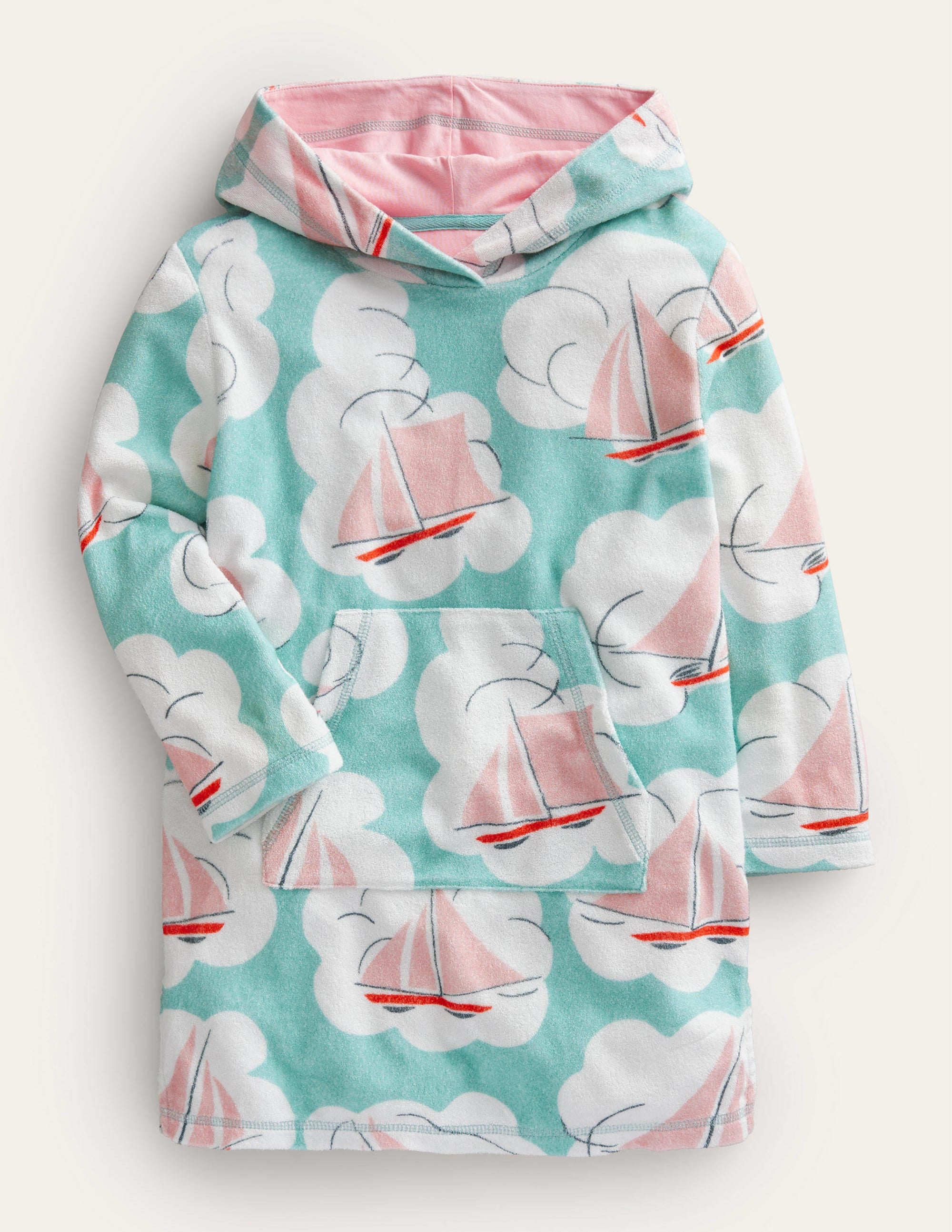 Pattern Towelling Beach Dress-Aqua Sea Blue Boats - Image 1
