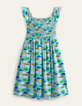 Shirred Jersey Dress-Aqua Sea Blue Fish