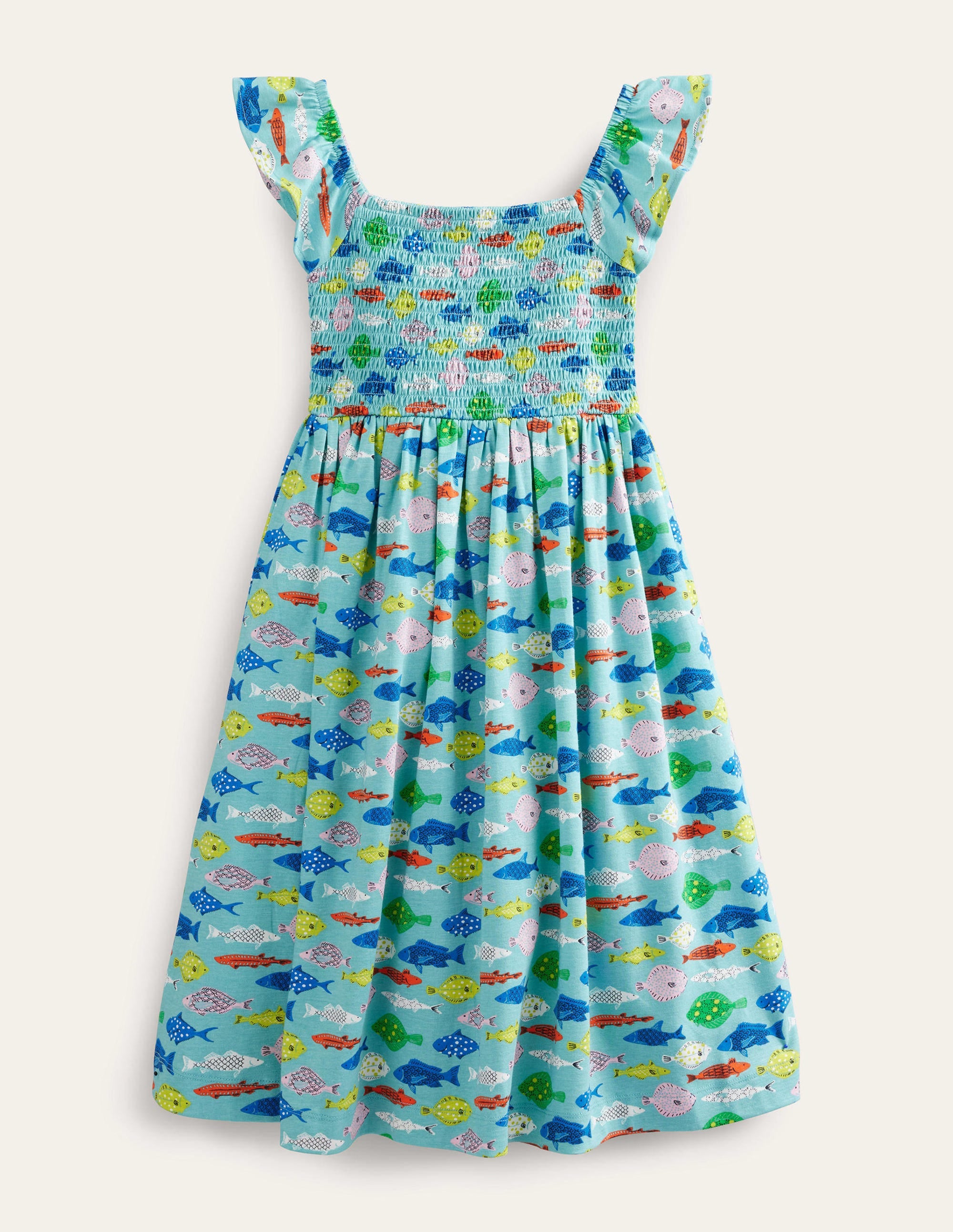 Shirred Jersey Dress-Aqua Sea Blue Fish - Image 2