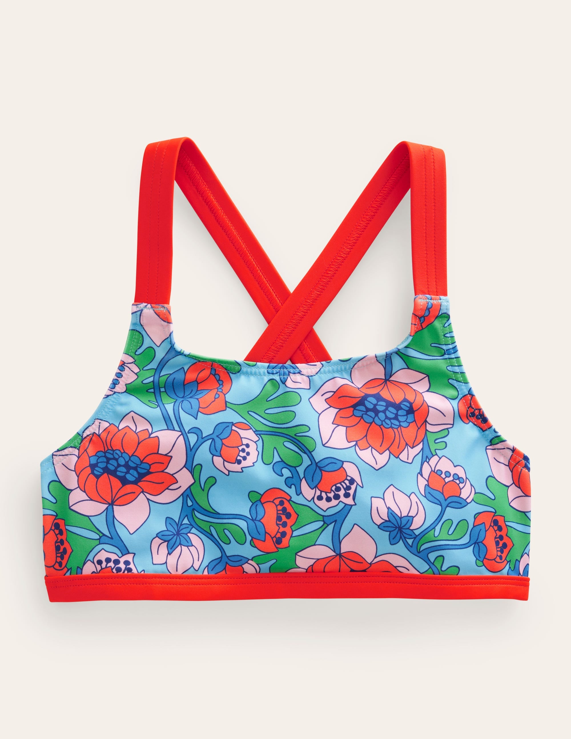 Cross Back Bikini Top-Red Poppy Spring Time Floral - Image 1