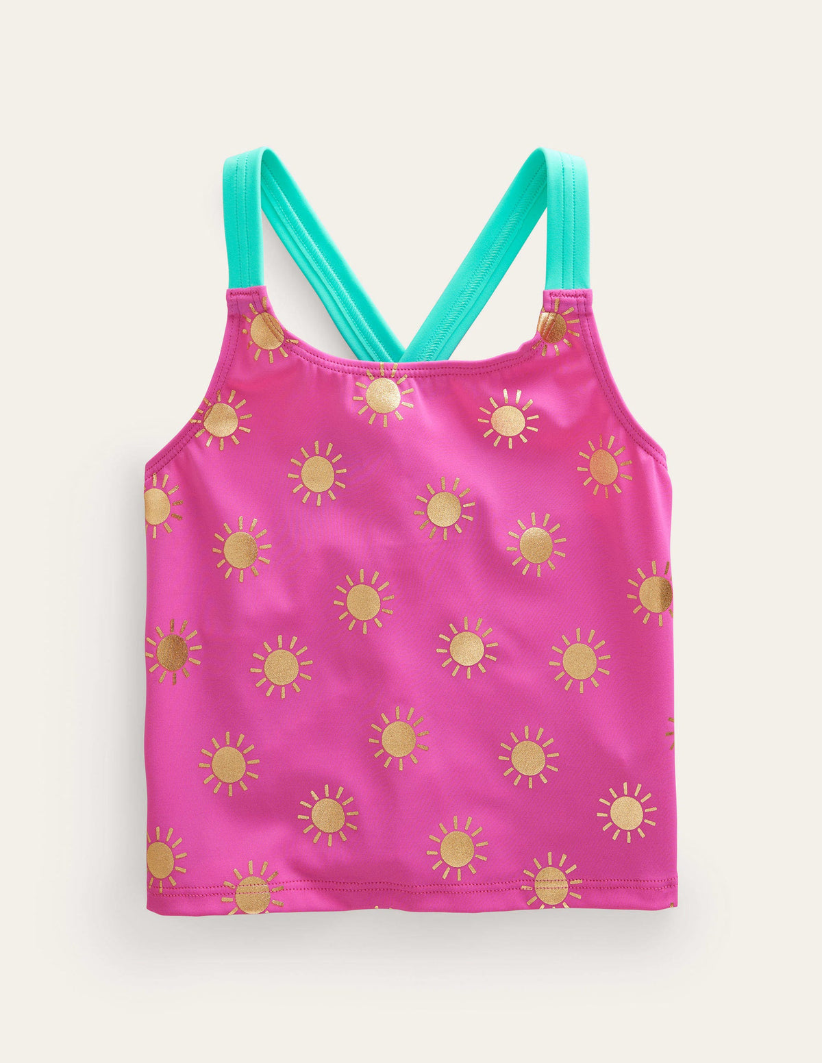 Cross Back Tankini Top-Tickled Pink Gold Foil Suns - Image 1