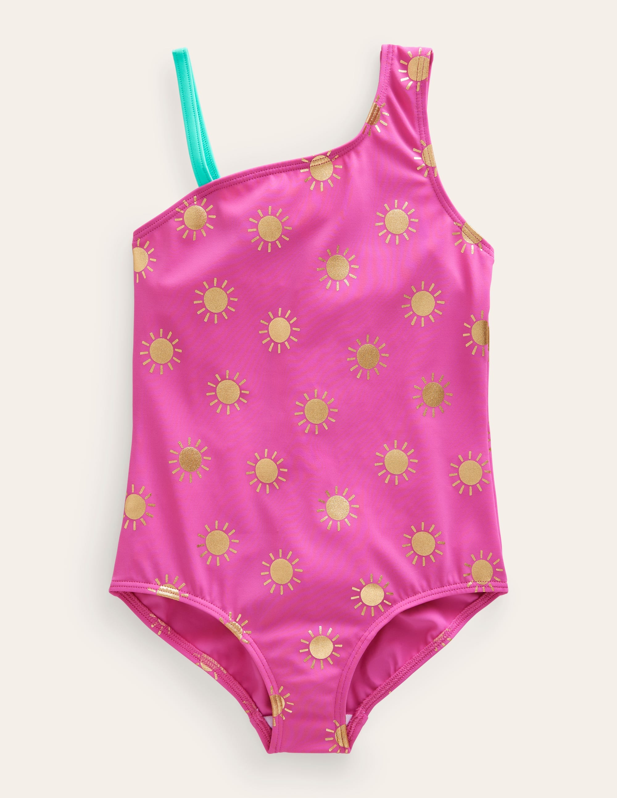 One Shoulder Swimsuit-Tickled Pink Gold Foil Suns - Image 1