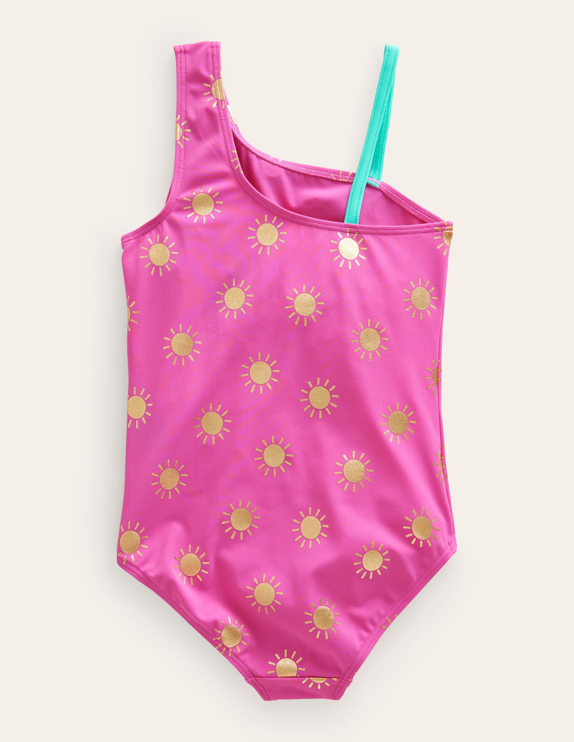 One Shoulder Swimsuit-Tickled Pink Gold Foil Suns-2