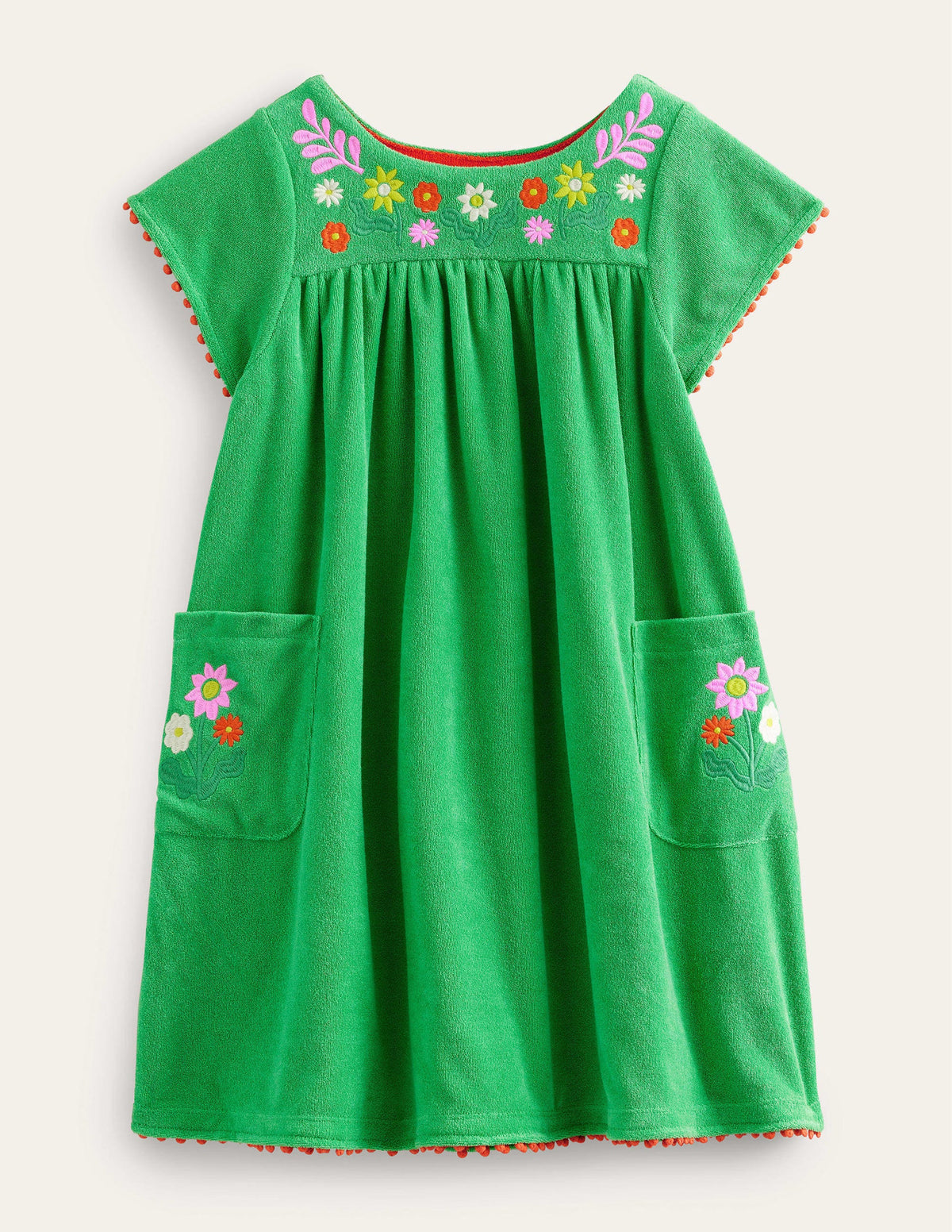 Embroidered Towelling Dress-Aloe Green Flowers - Image 1