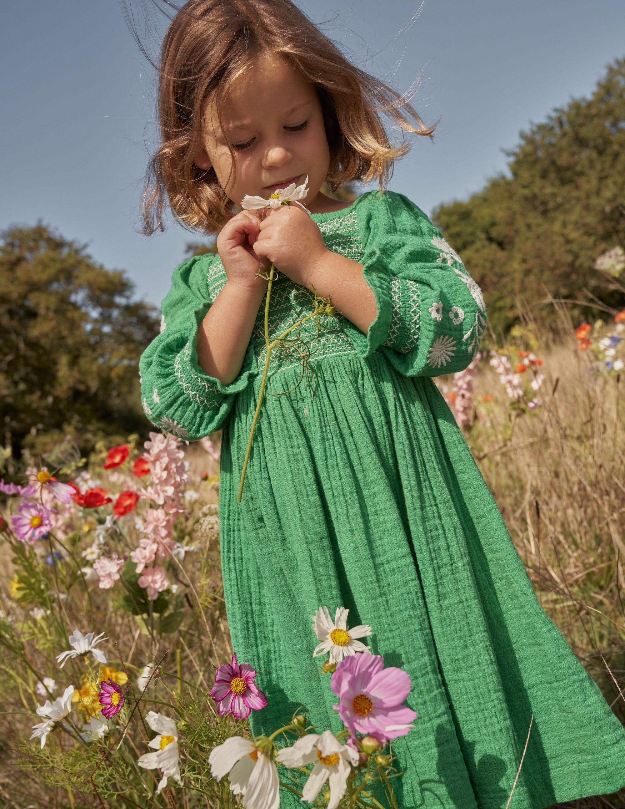 Smocked Bodice Woven Dress-School Green Daisies - Image 4
