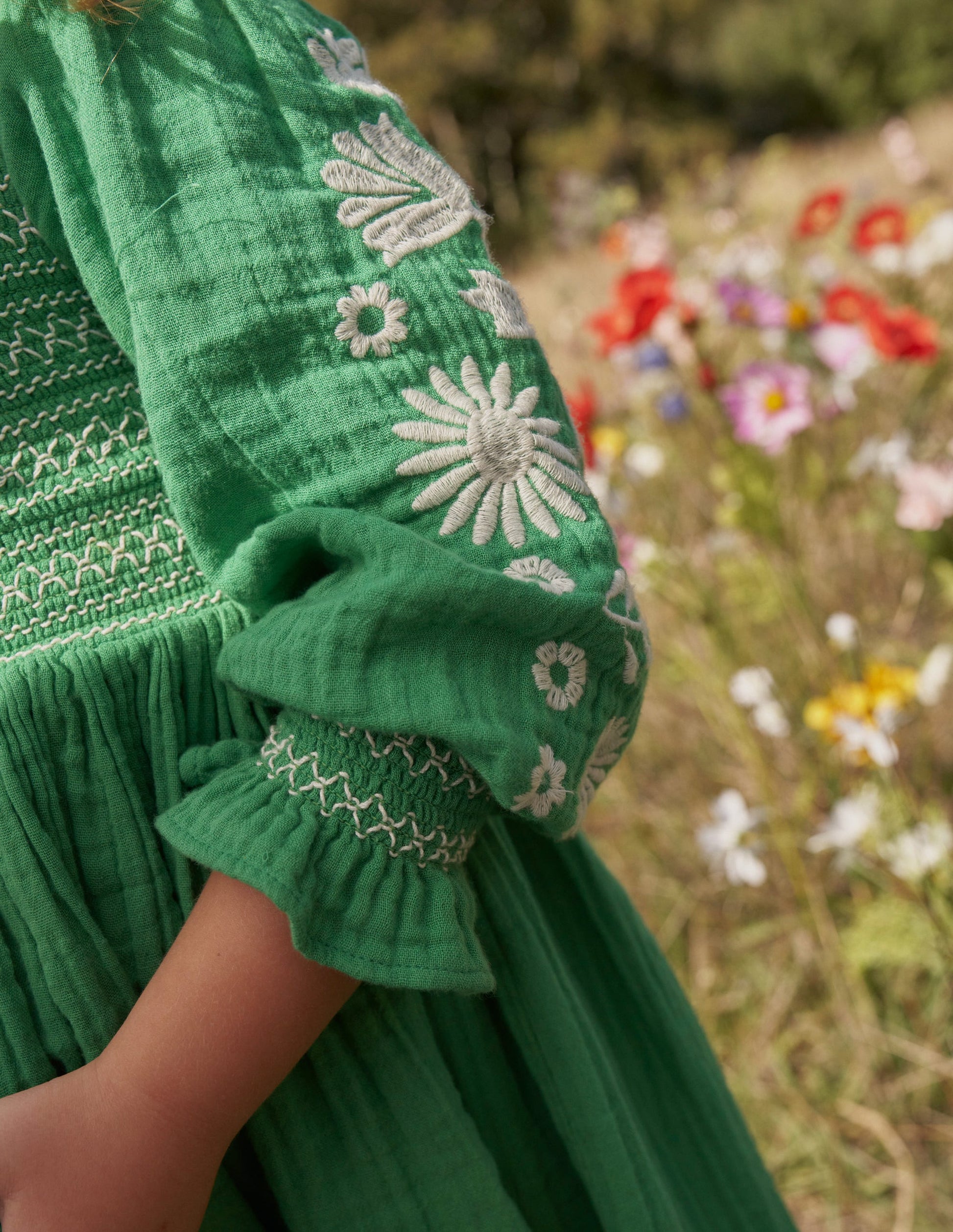 Smocked Bodice Woven Dress-School Green Daisies-5